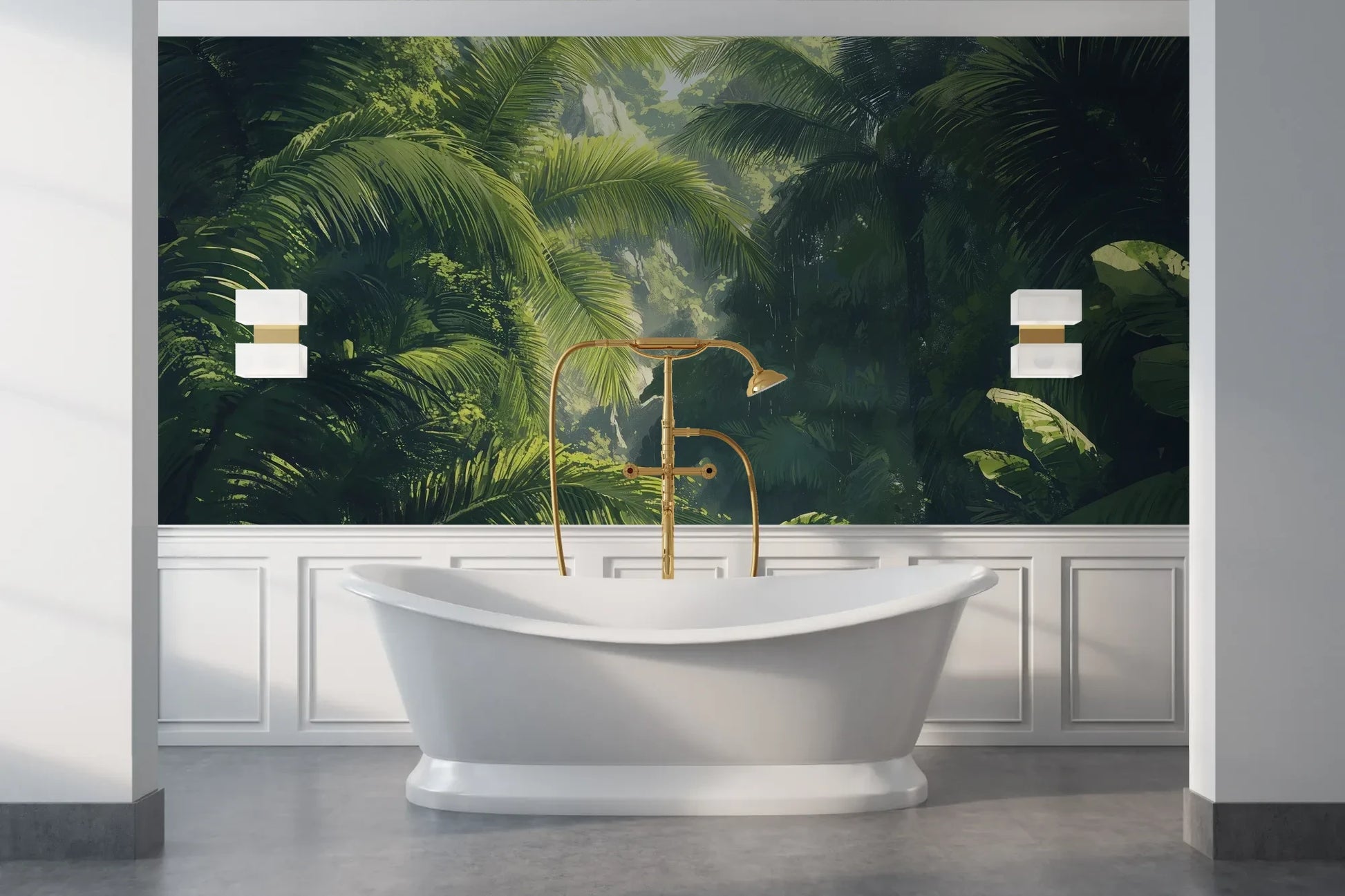 Wzór fototapety SUNLIT PALMS - tapeta z tropikalnym ogrodem w promieniach słońca pokazanej w aranżacji łazienki.