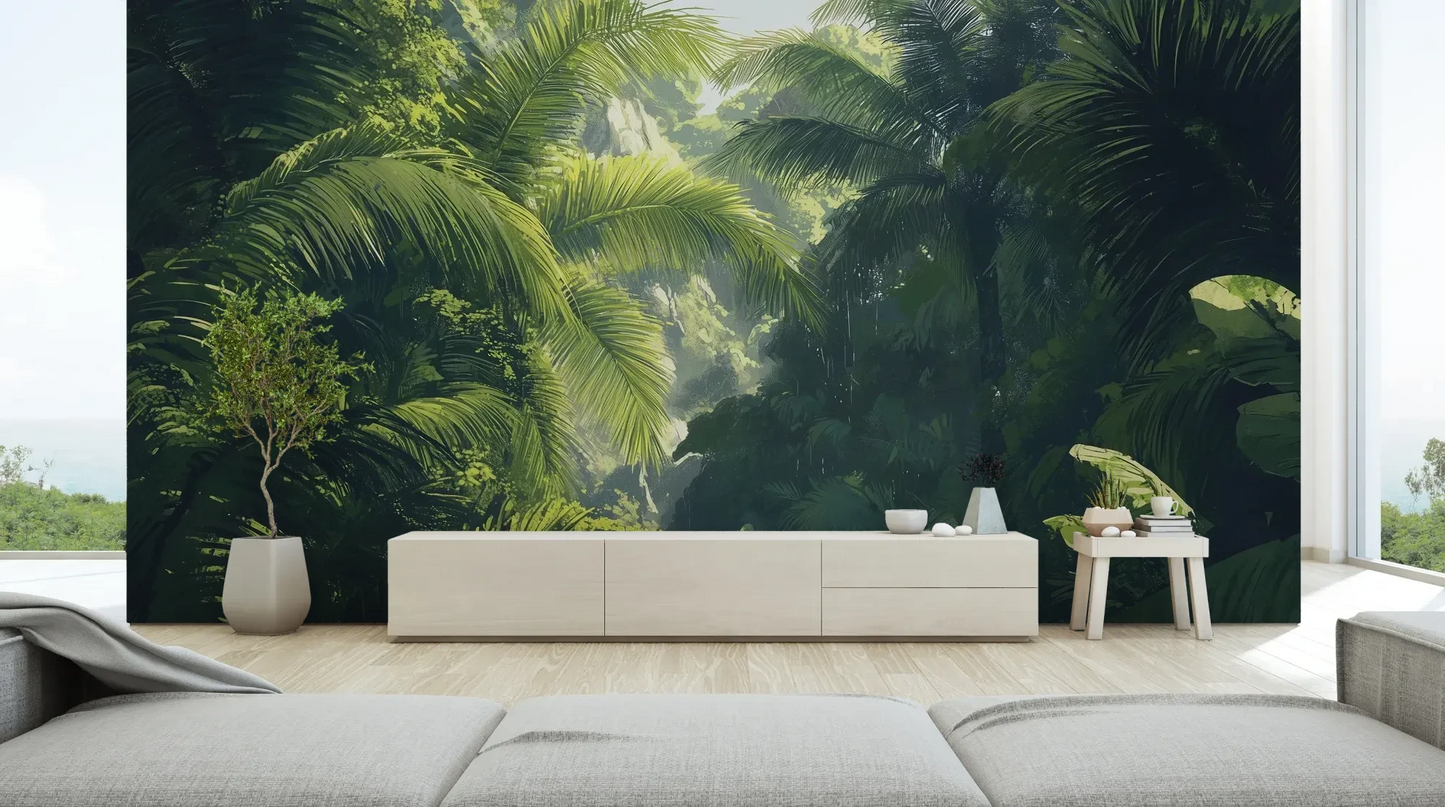 Wzór fototapety SUNLIT PALMS - tapeta z tropikalnym ogrodem w promieniach słońca pokazanej w aranżacji salonu.