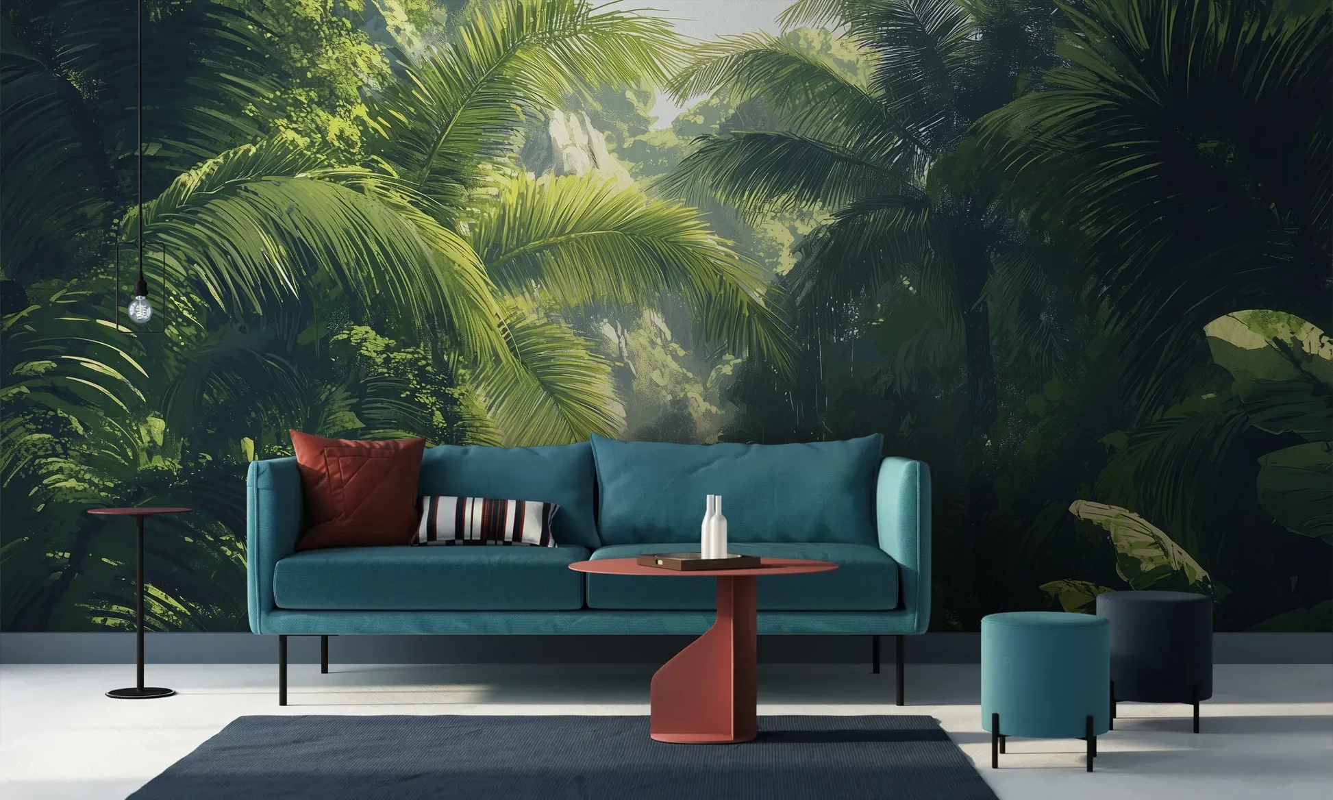Wzór fototapety SUNLIT PALMS - tapeta z tropikalnym ogrodem w promieniach słońca pokazanej w aranżacji salonu.