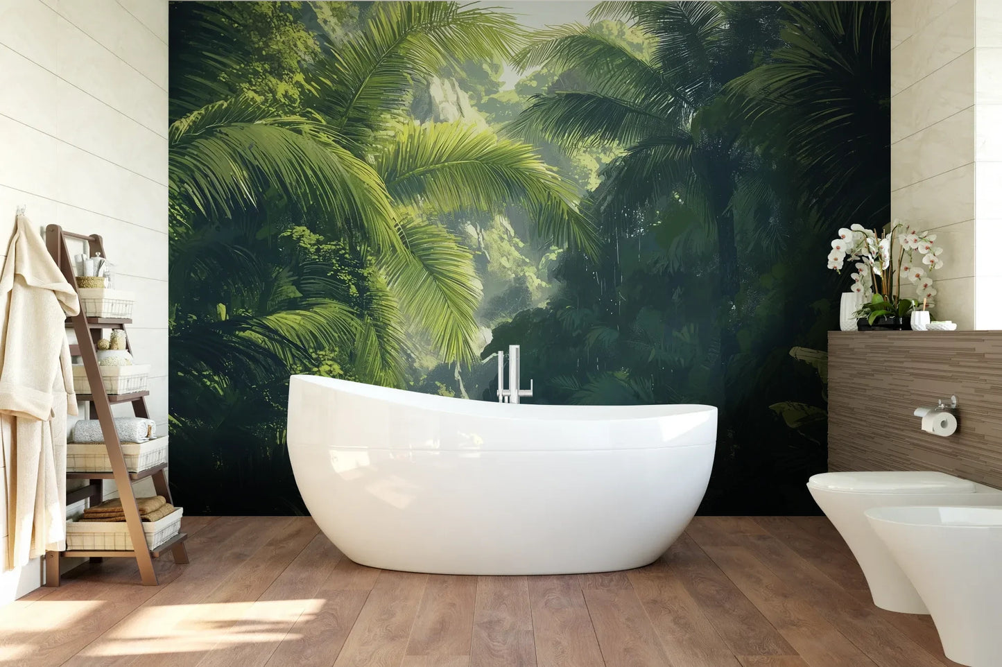 Wzór fototapety SUNLIT PALMS - tapeta z tropikalnym ogrodem w promieniach słońca pokazanej w aranżacji łazienki.