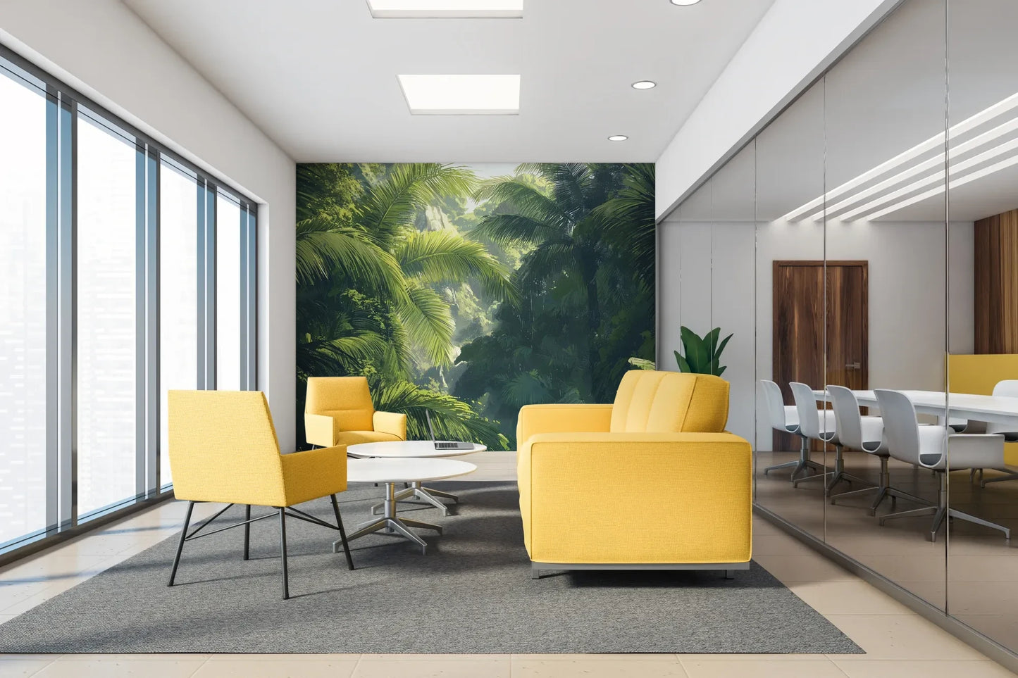 Fototapeta SUNLIT PALMS - tapeta z tropikalnym ogrodem w promieniach słońca w aranżacji wnętrza.
