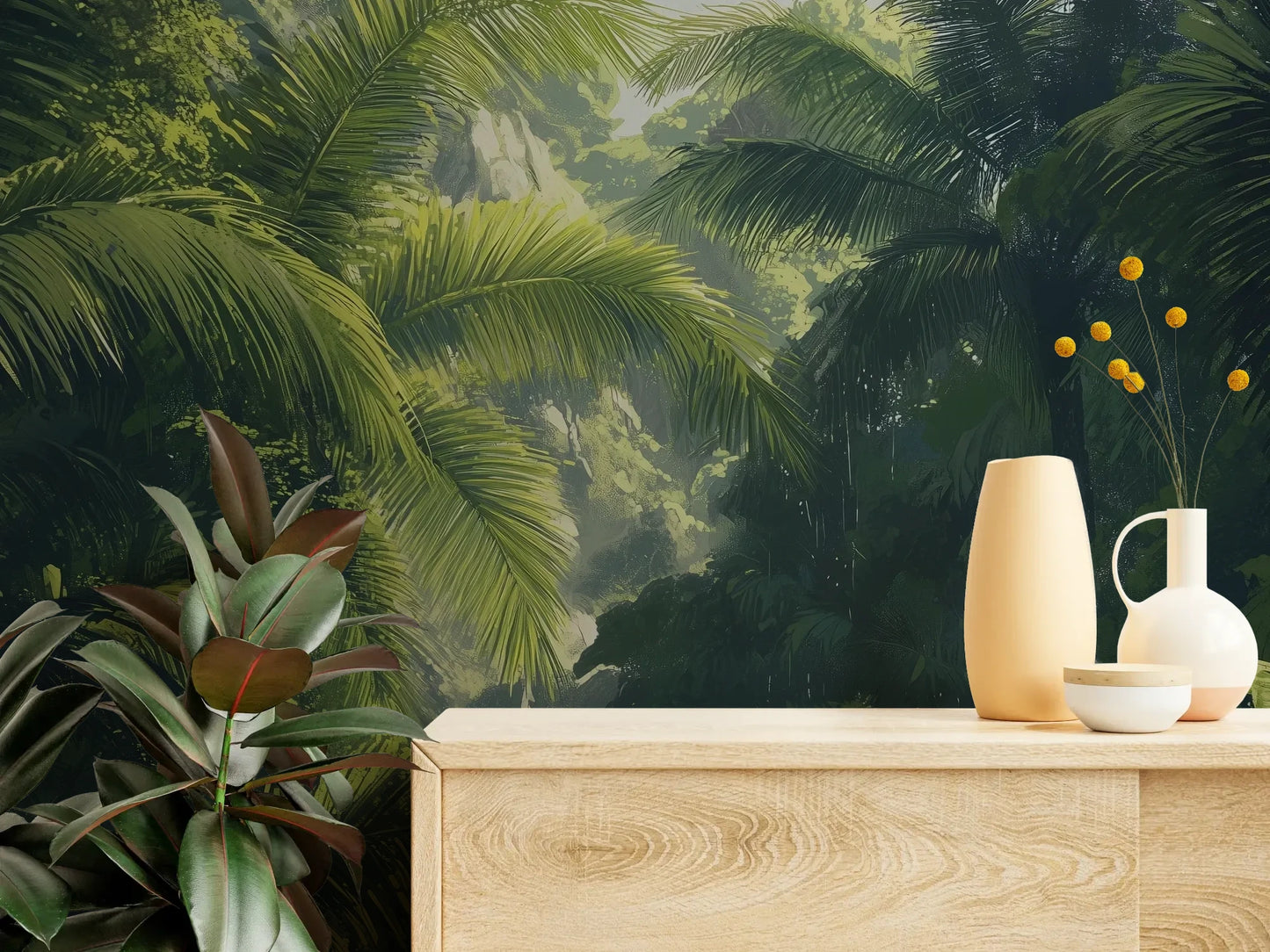 Fototapeta SUNLIT PALMS - tapeta z tropikalnym ogrodem w promieniach słońca pokazana w aranżacji wnętrza z akcentem na ścianie.