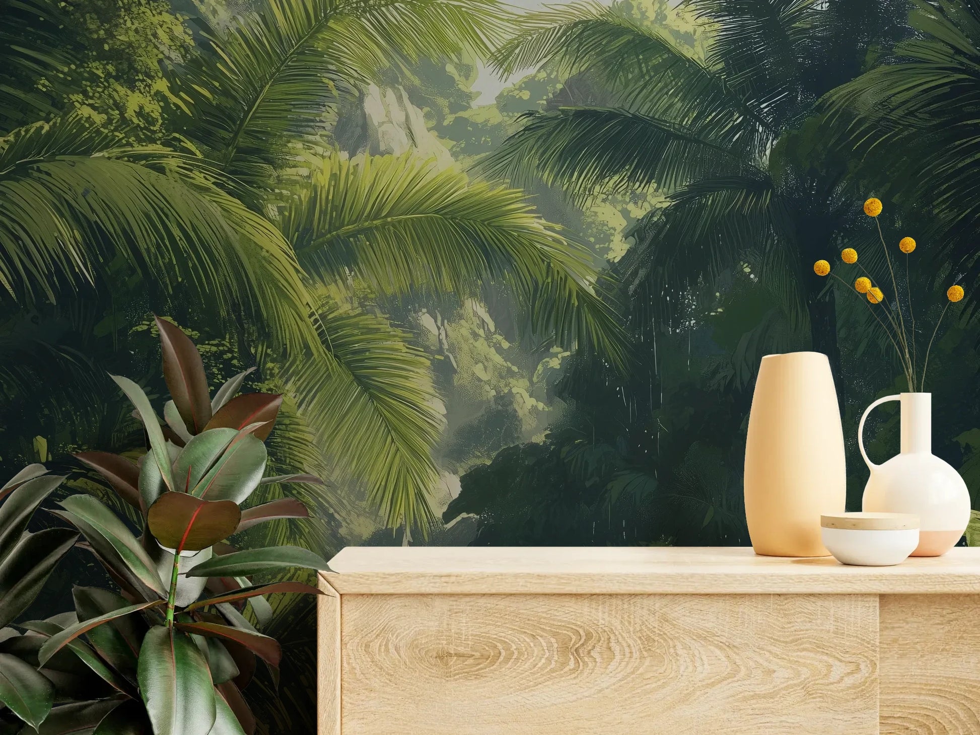 Fototapeta SUNLIT PALMS - tapeta z tropikalnym ogrodem w promieniach słońca pokazana w aranżacji wnętrza z akcentem na ścianie.