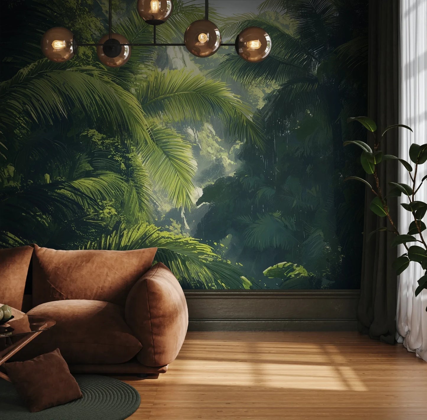 Fototapeta SUNLIT PALMS - tapeta z tropikalnym ogrodem w promieniach słońca pokazana w aranżacji wnętrza z akcentem na ścianie.