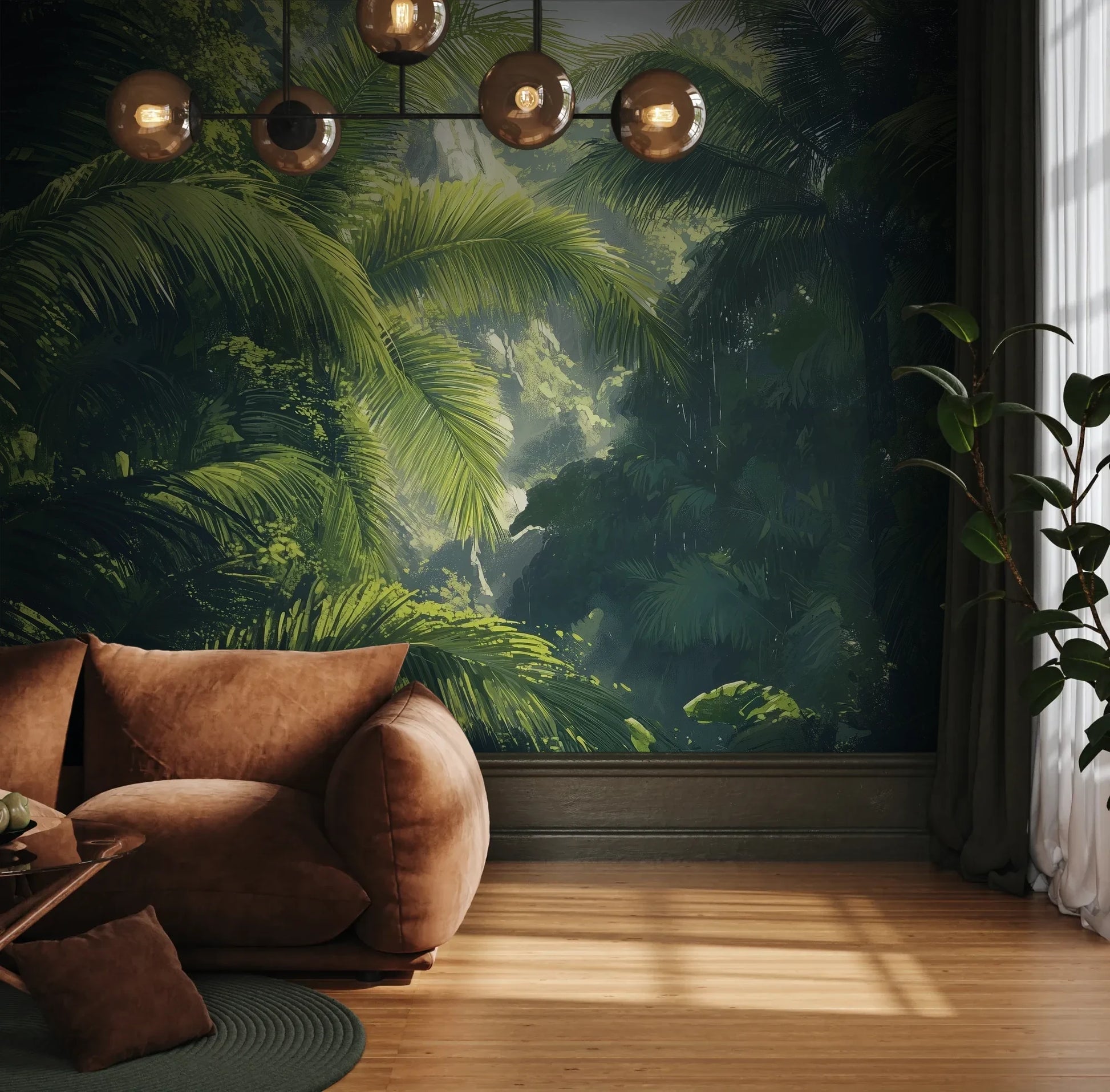 Fototapeta SUNLIT PALMS - tapeta z tropikalnym ogrodem w promieniach słońca pokazana w aranżacji wnętrza z akcentem na ścianie.