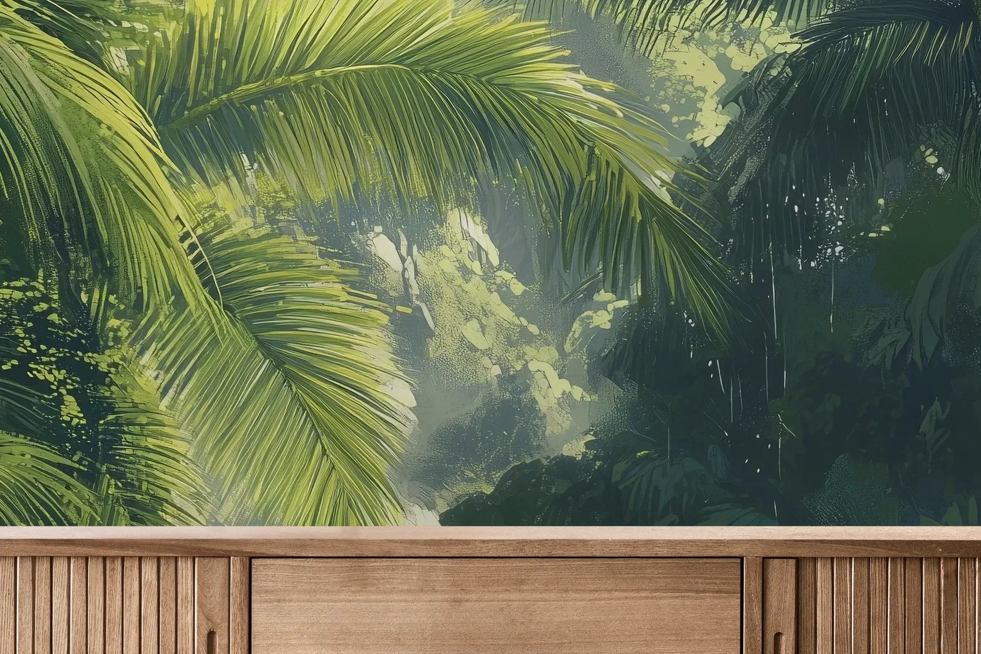 Fototapeta SUNLIT PALMS - tapeta z tropikalnym ogrodem w promieniach słońca pokazana w aranżacji wnętrza z akcentem na ścianie.