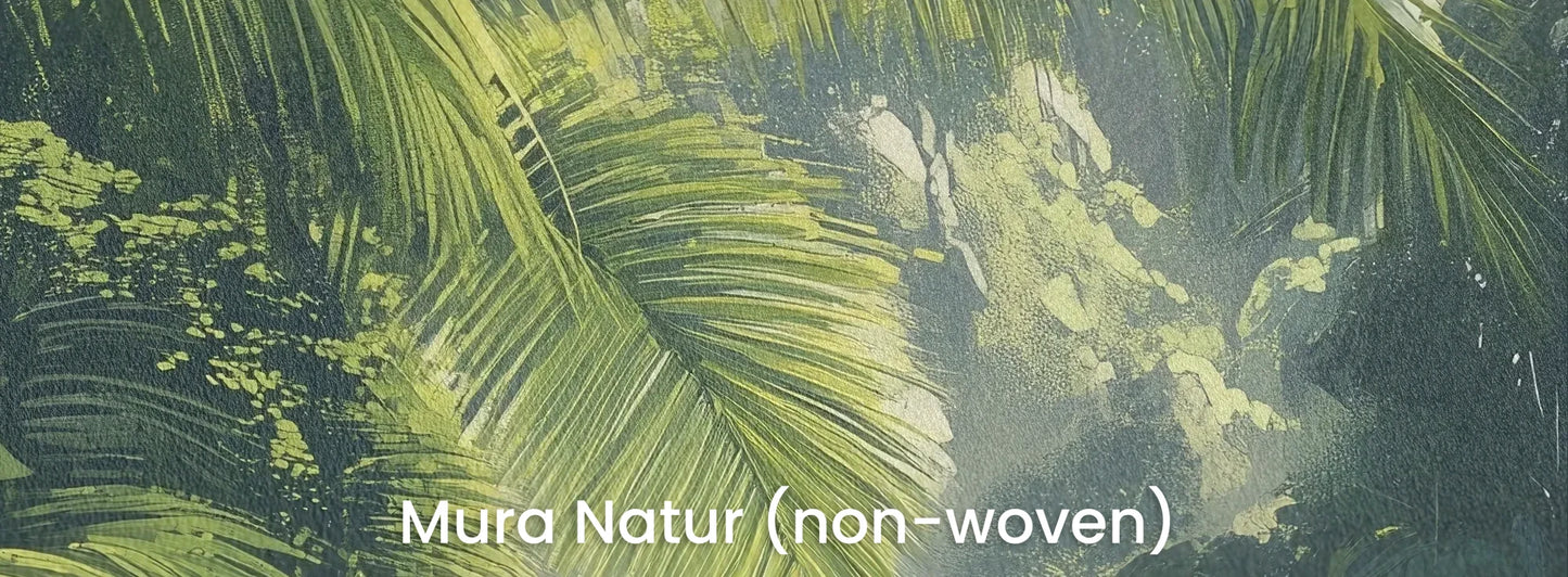 Zbliżenie na fototapetę SUNLIT PALMS - tapeta z tropikalnym ogrodem w promieniach słońca na naturalnym podłożu ekologicznym.