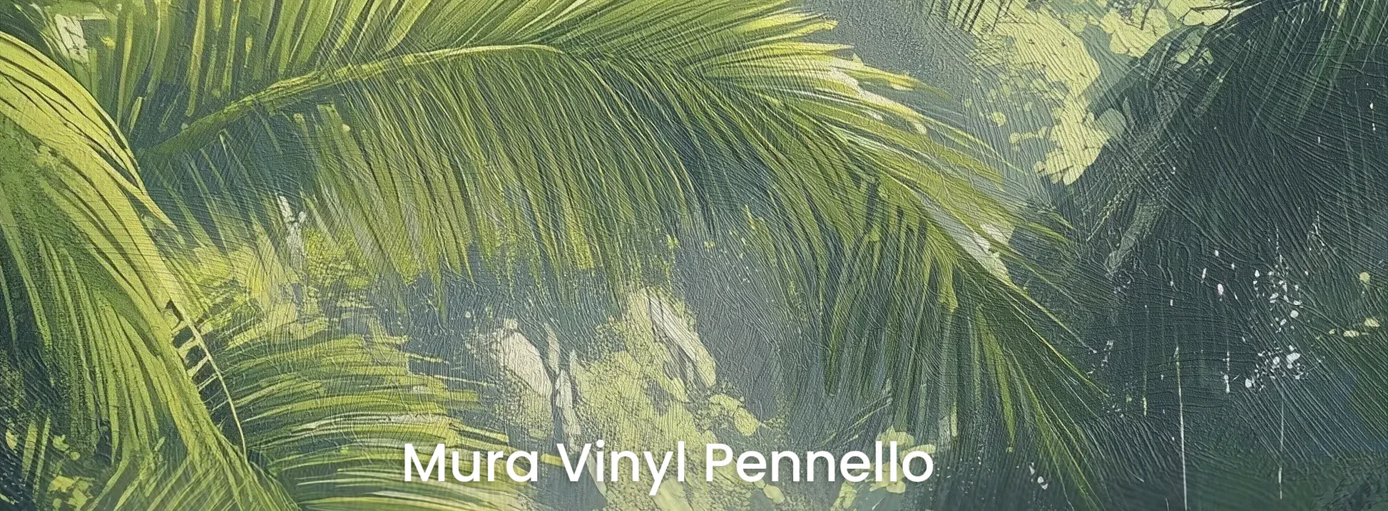 Zbliżenie na fototapetę SUNLIT PALMS - tapeta z tropikalnym ogrodem w promieniach słońca na podłożu o fakturze pociągnięć pędzla.