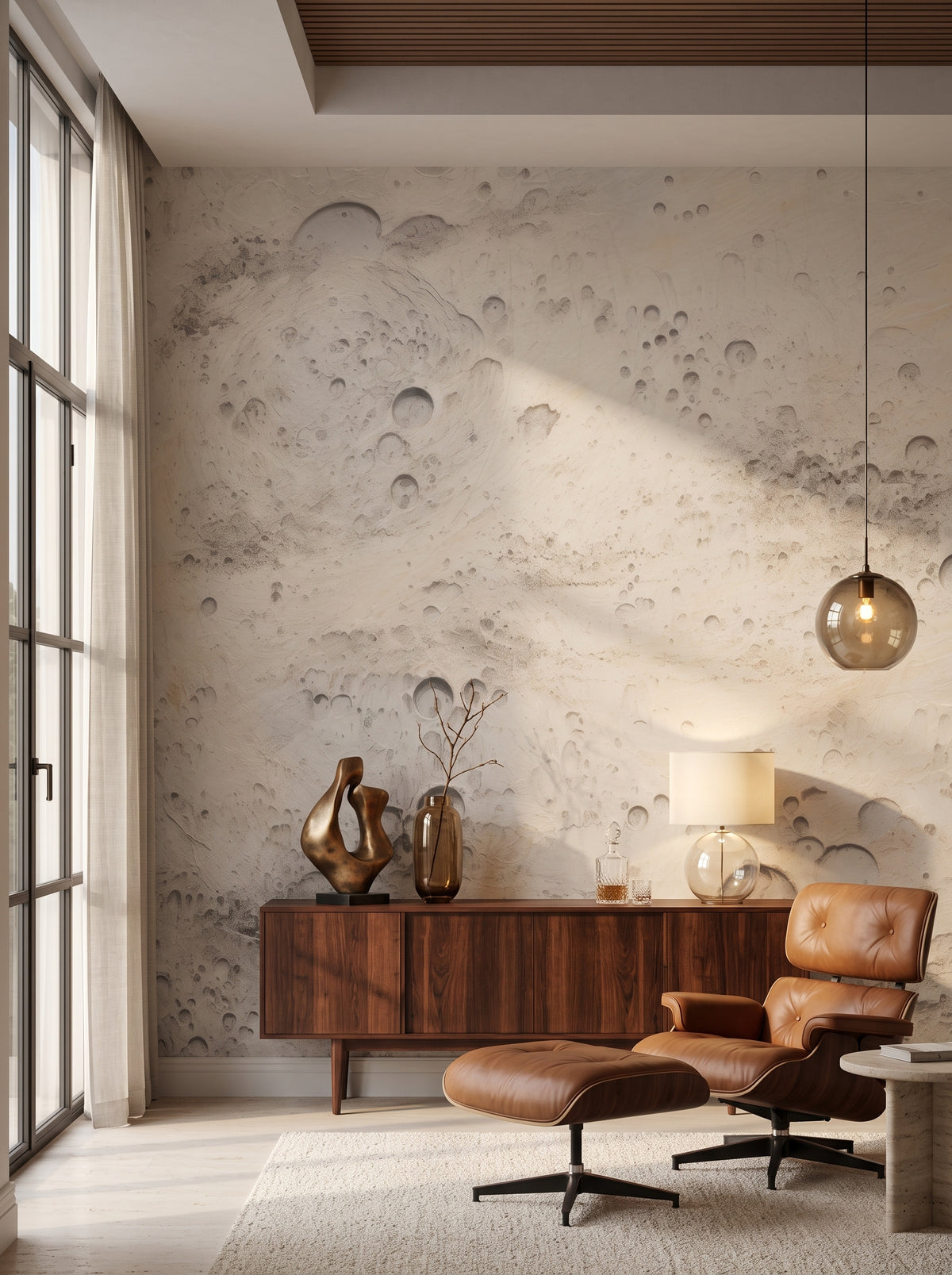 Fototapeta artystyczna o nazwie Beige Moon w aranżacji wnętrza: salon kolekcjonera w stylu mid-century modern.