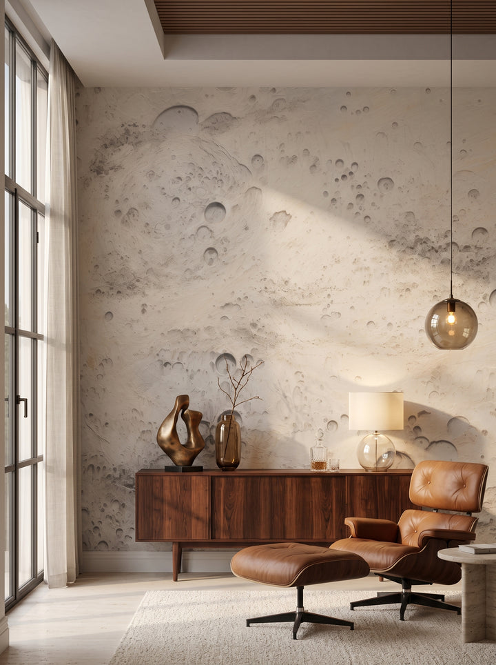 Fototapeta artystyczna o nazwie Beige Moon w aranżacji wnętrza: salon kolekcjonera w stylu mid-century modern.