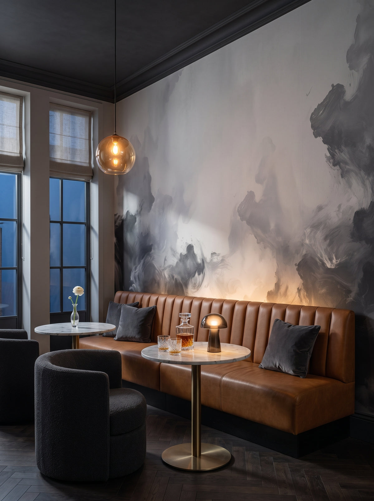 Fototapeta artystyczna o nazwie Muted Turmoil w aranżacji wnętrza: bar lounge w butikowym hotelu.