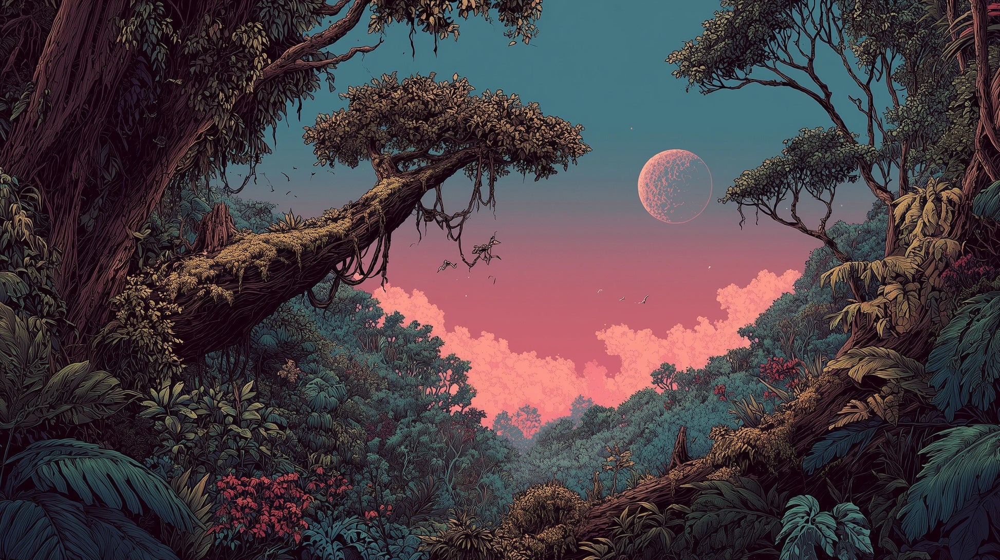 Prezentacja całego wzoru fototapety o nazwie LUNAR DREAMS - tapeta z tajemniczym księżycowym lasem