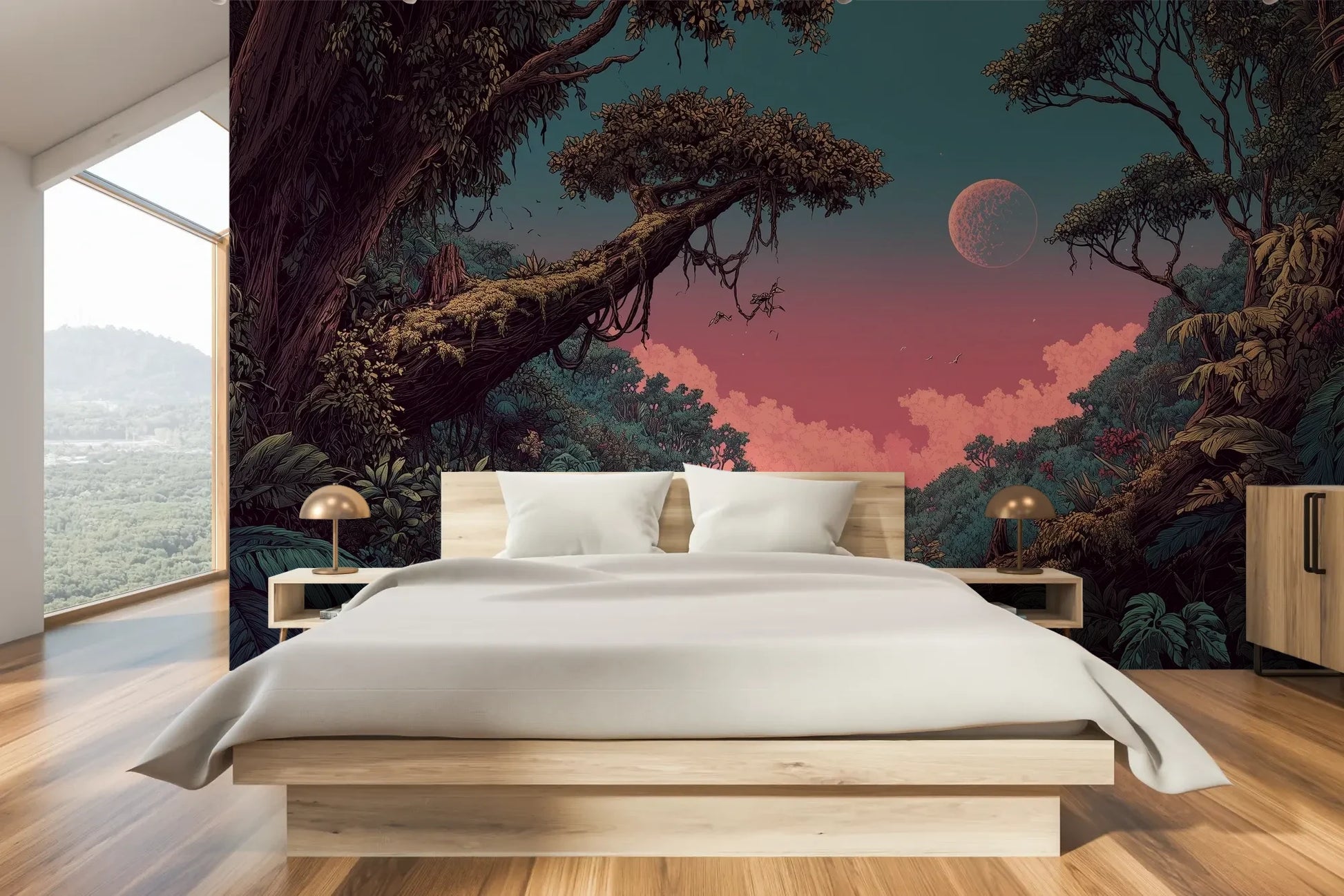 Wzór fototapety LUNAR DREAMS - tapeta z tajemniczym księżycowym lasem pokazanej w aranżacji sypialni.