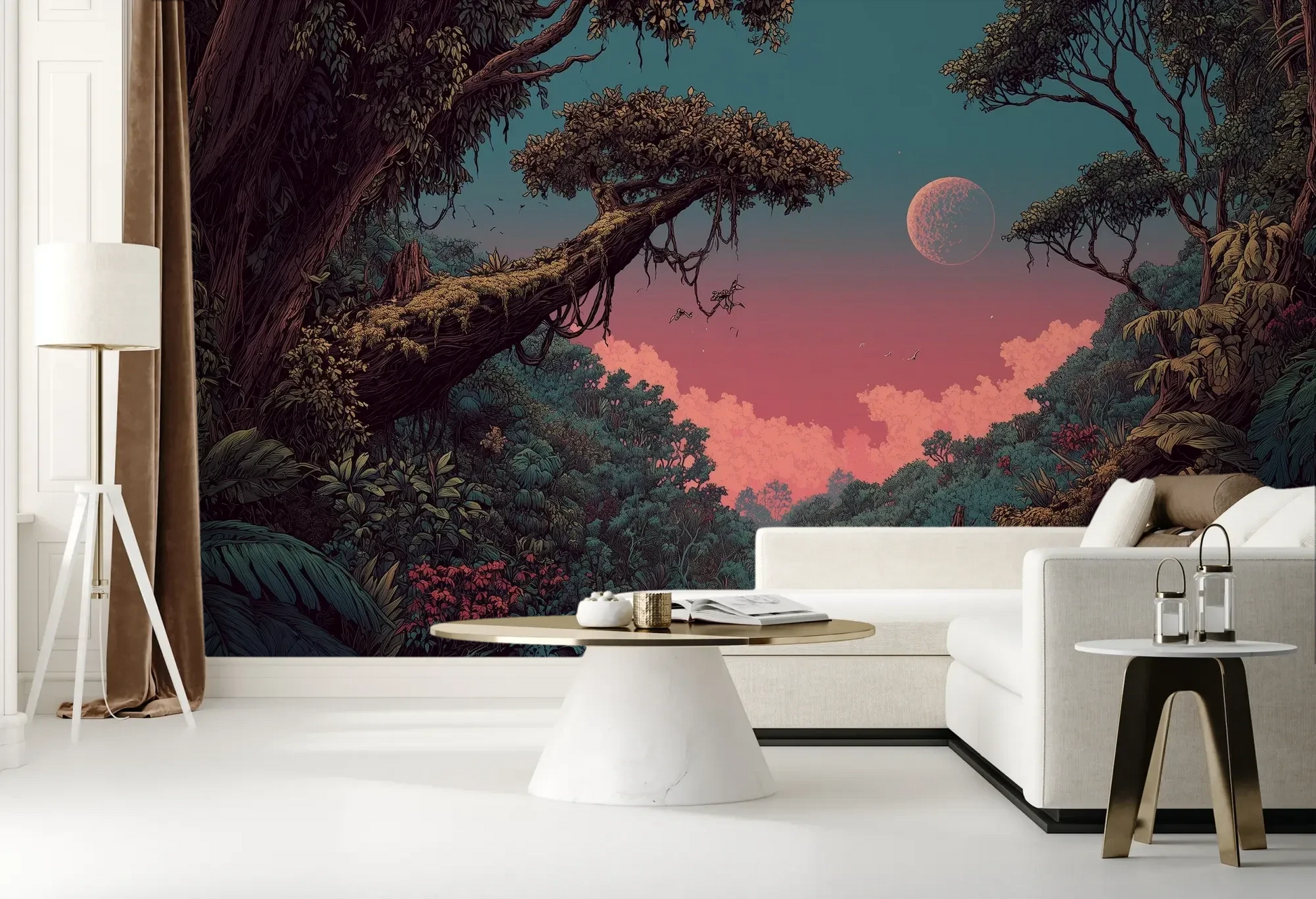 Wzór fototapety LUNAR DREAMS - tapeta z tajemniczym księżycowym lasem pokazanej w aranżacji salonu.