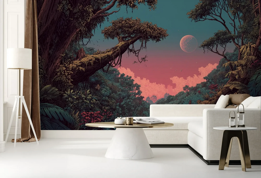 Wzór fototapety LUNAR DREAMS - tapeta z tajemniczym księżycowym lasem pokazanej w aranżacji salonu.