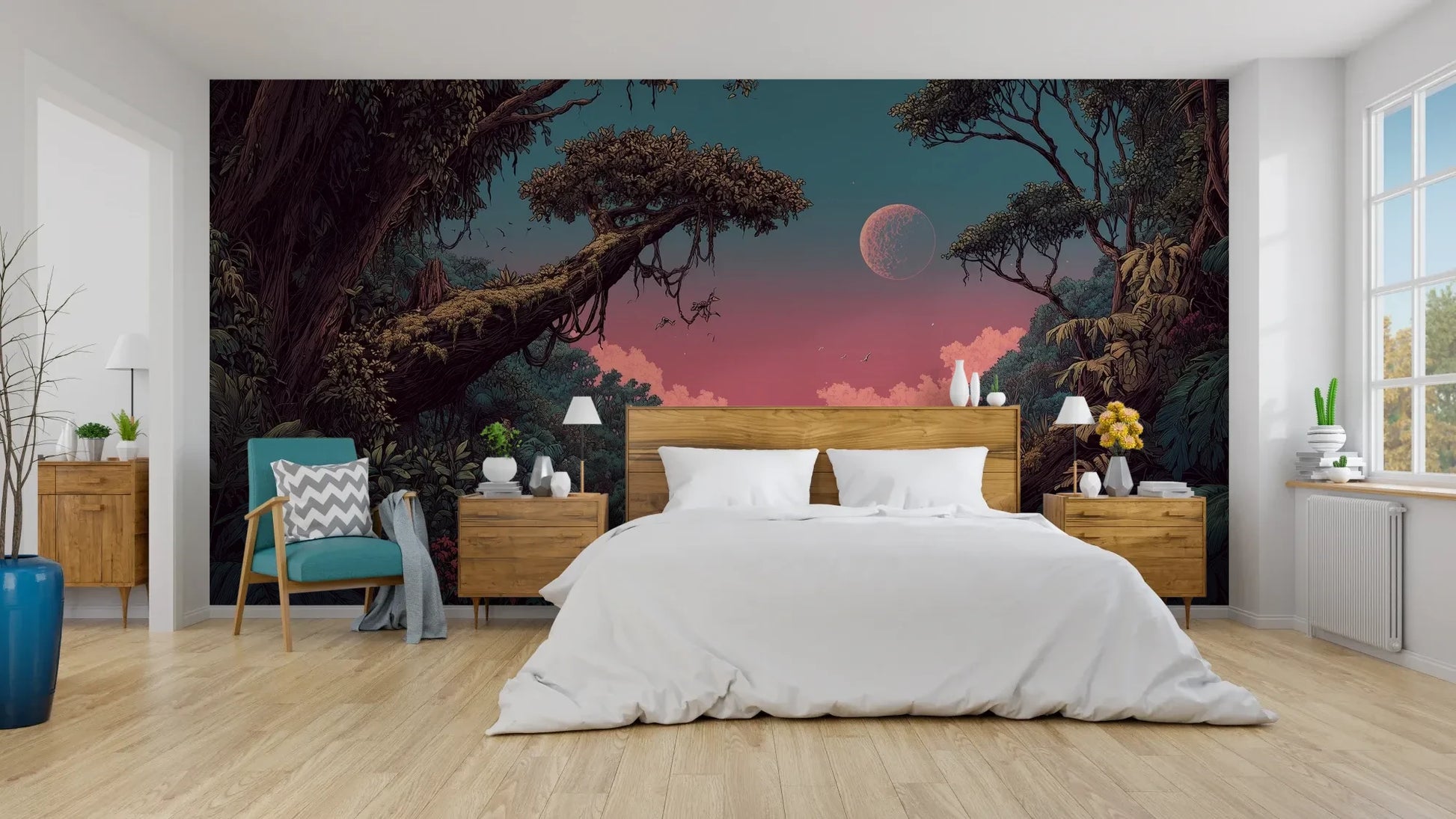 Wzór fototapety LUNAR DREAMS - tapeta z tajemniczym księżycowym lasem pokazanej w aranżacji sypialni.