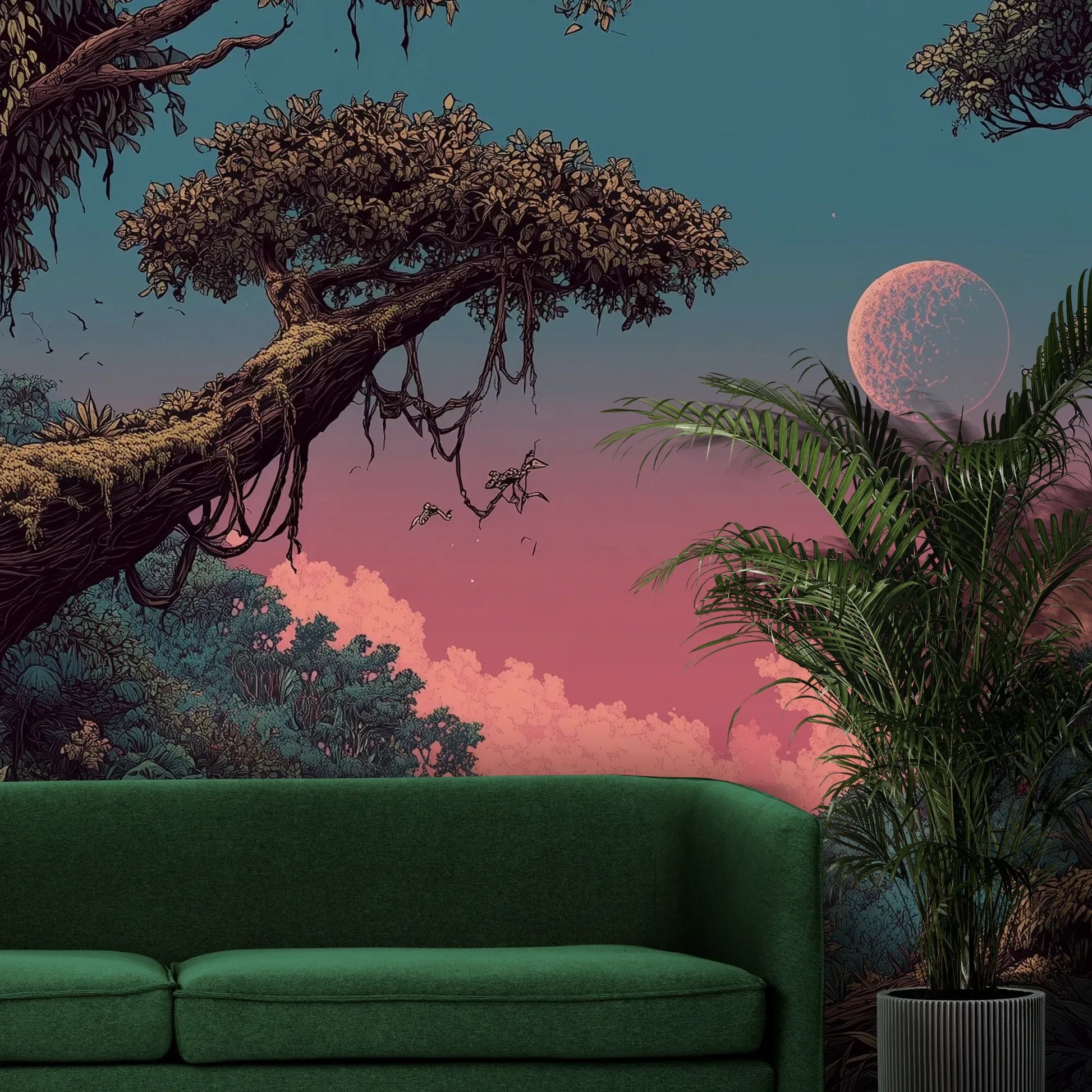 Fototapeta LUNAR DREAMS - tapeta z tajemniczym księżycowym lasem pokazana w aranżacji wnętrza z akcentem na ścianie.