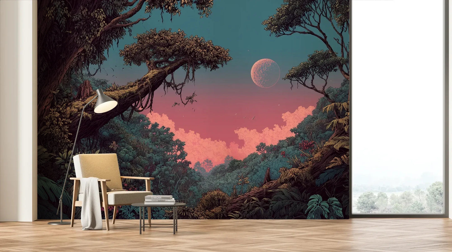 Wzór fototapety LUNAR DREAMS - tapeta z tajemniczym księżycowym lasem pokazanej w aranżacji salonu.