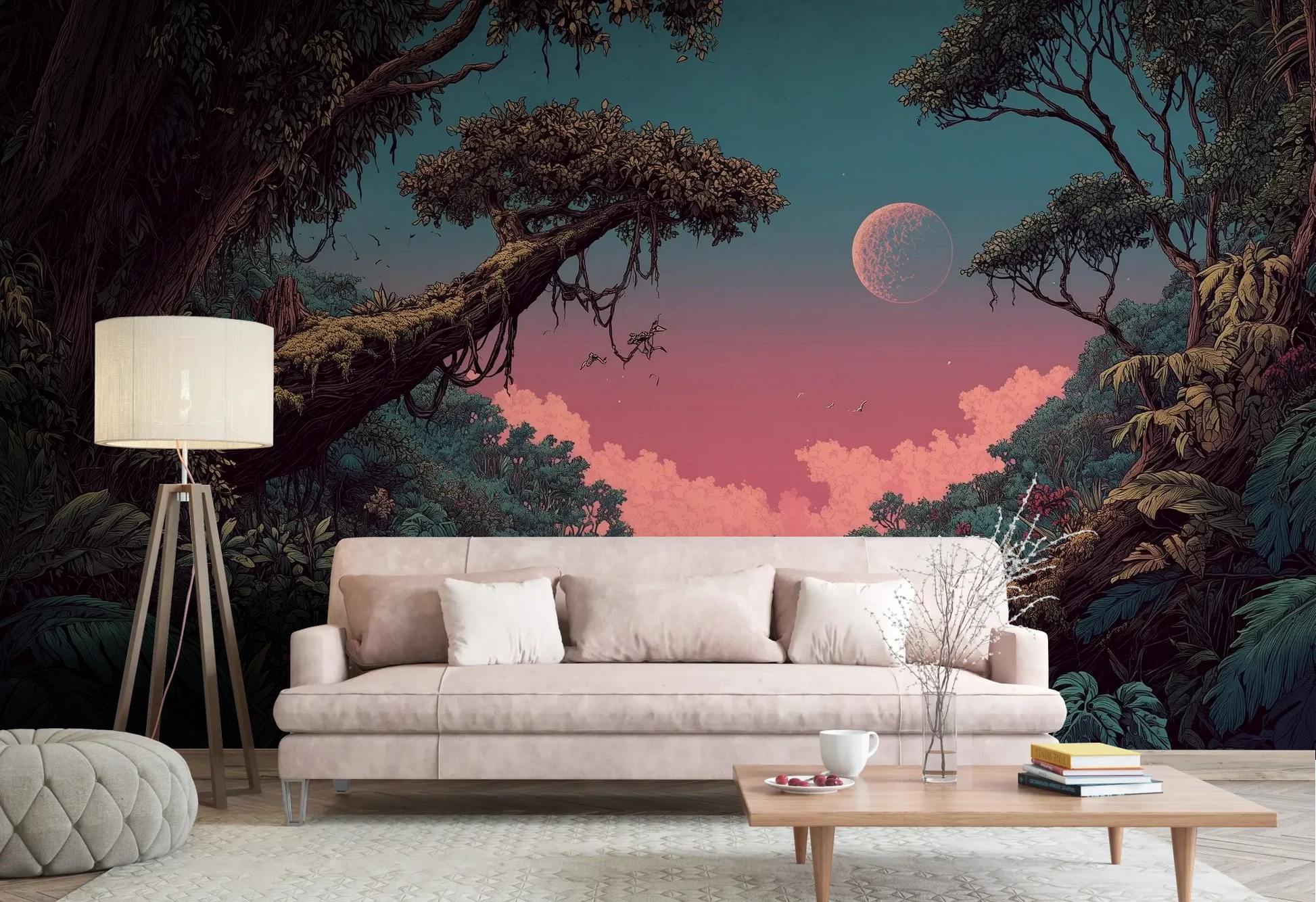 Wzór fototapety LUNAR DREAMS - tapeta z tajemniczym księżycowym lasem pokazanej w aranżacji salonu.