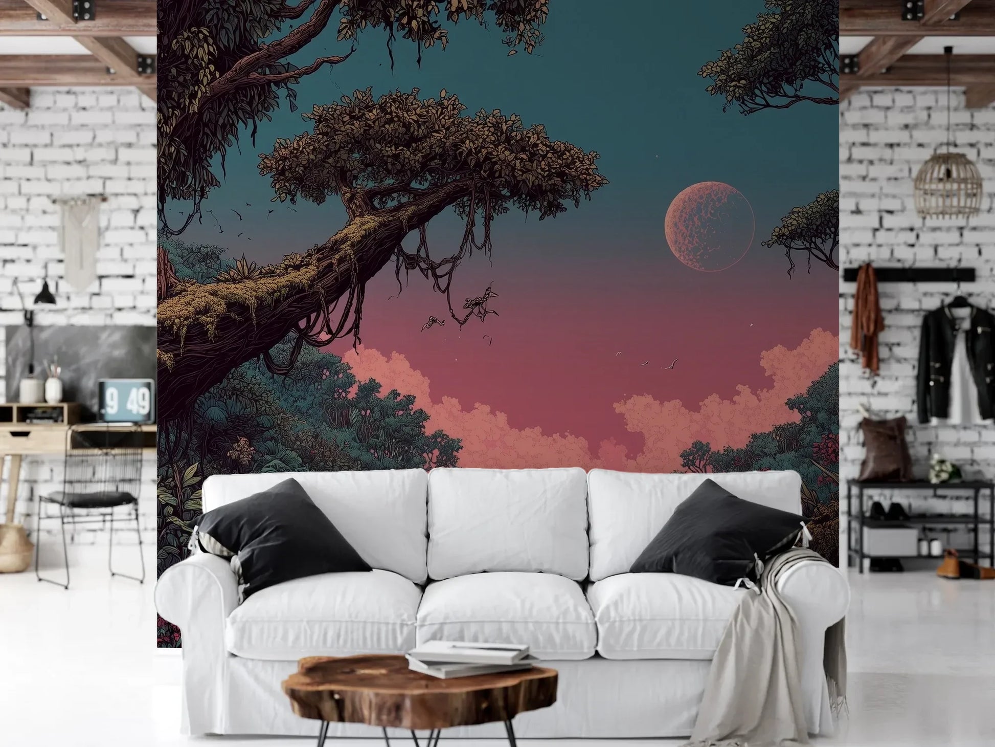 Wzór fototapety LUNAR DREAMS - tapeta z tajemniczym księżycowym lasem pokazanej w aranżacji salonu.
