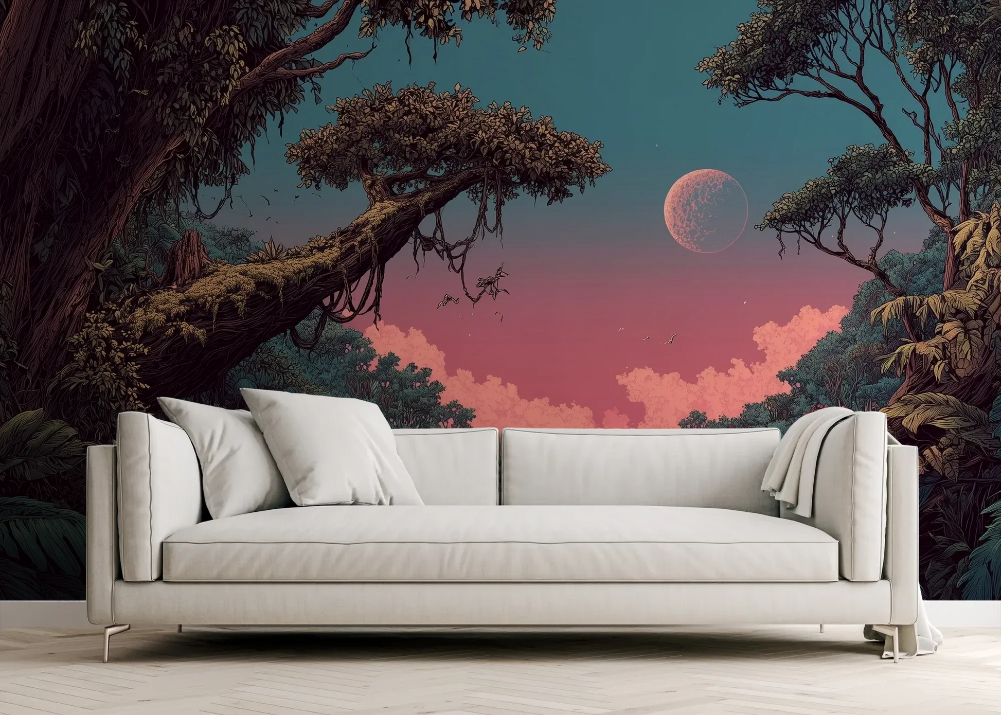 Wzór fototapety LUNAR DREAMS - tapeta z tajemniczym księżycowym lasem pokazanej w aranżacji salonu.