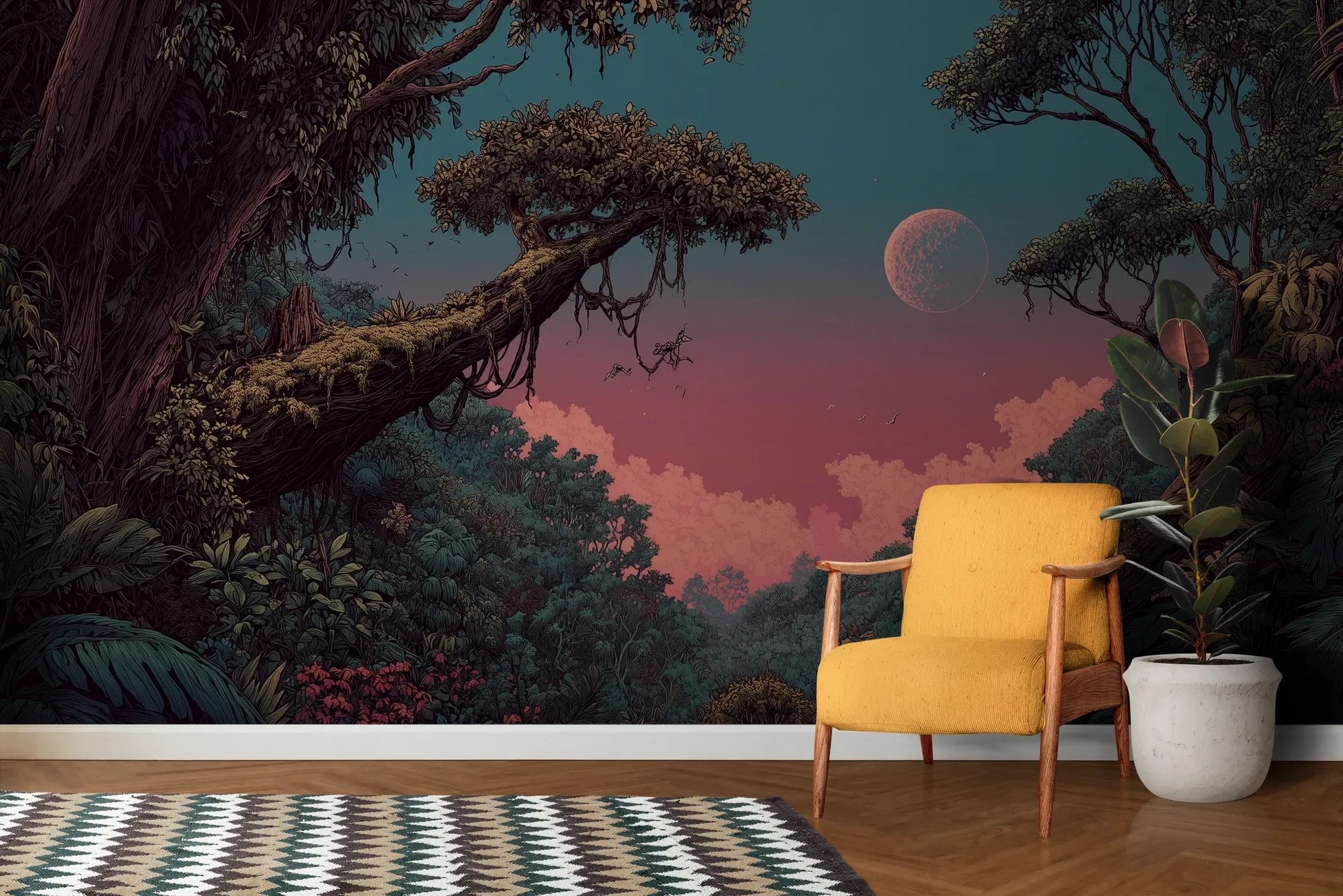 Wzór fototapety LUNAR DREAMS - tapeta z tajemniczym księżycowym lasem pokazanej w aranżacji salonu.