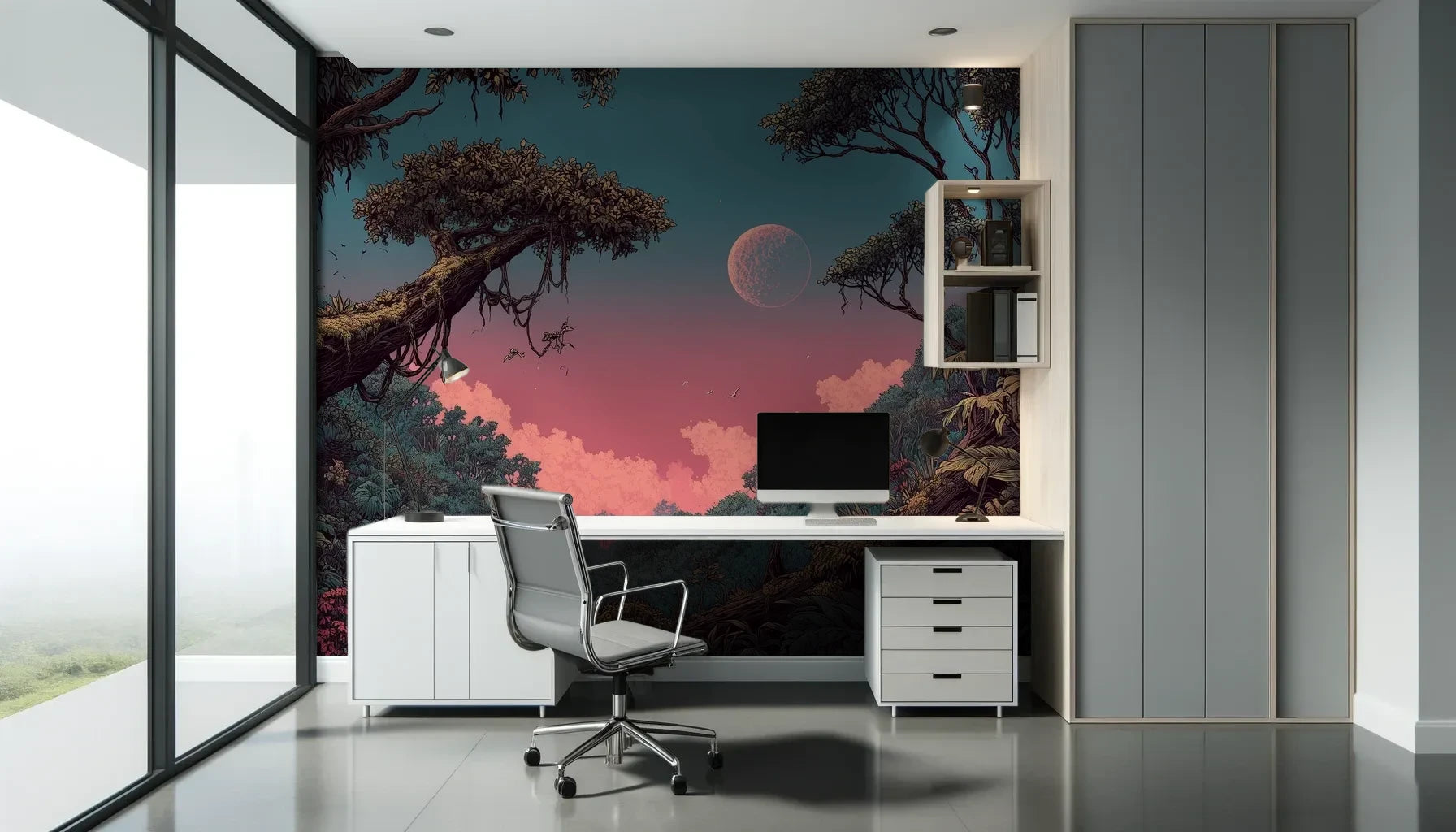 Fototapeta LUNAR DREAMS - tapeta z tajemniczym księżycowym lasem pokazana w aranżacji biura.