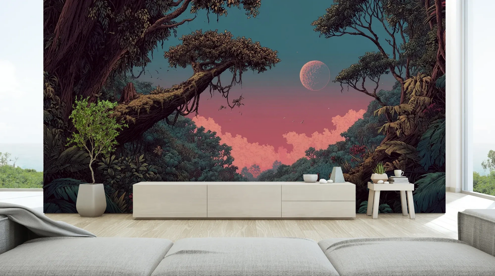 Wzór fototapety LUNAR DREAMS - tapeta z tajemniczym księżycowym lasem pokazanej w aranżacji salonu.