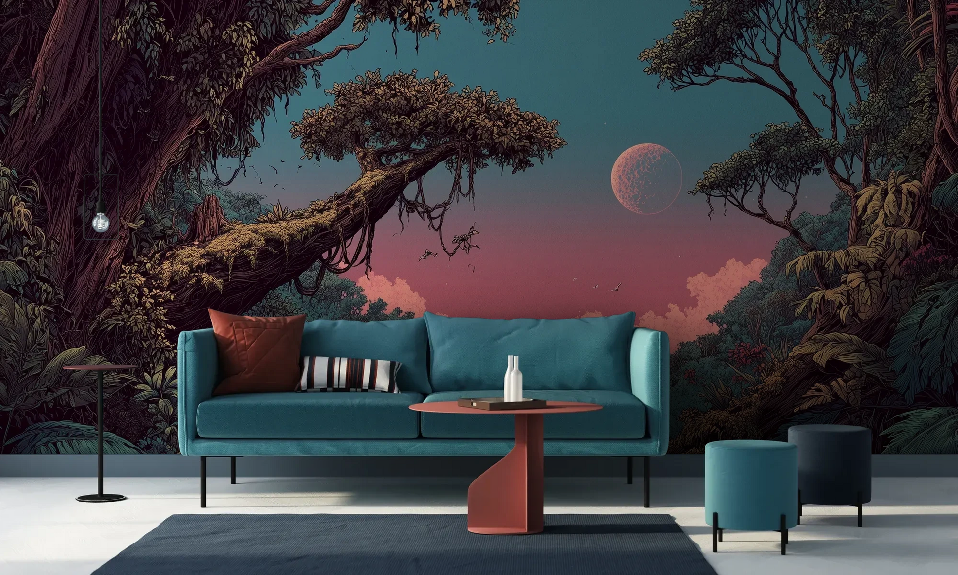 Wzór fototapety LUNAR DREAMS - tapeta z tajemniczym księżycowym lasem pokazanej w aranżacji salonu.