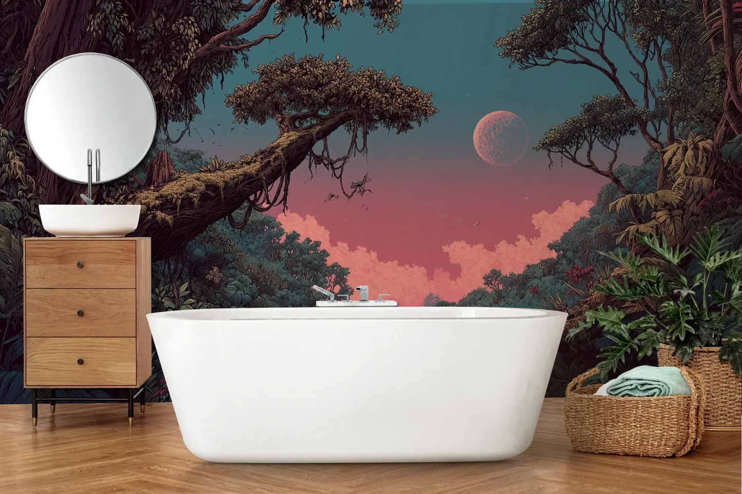 Wzór fototapety LUNAR DREAMS - tapeta z tajemniczym księżycowym lasem pokazanej w aranżacji łazienki.