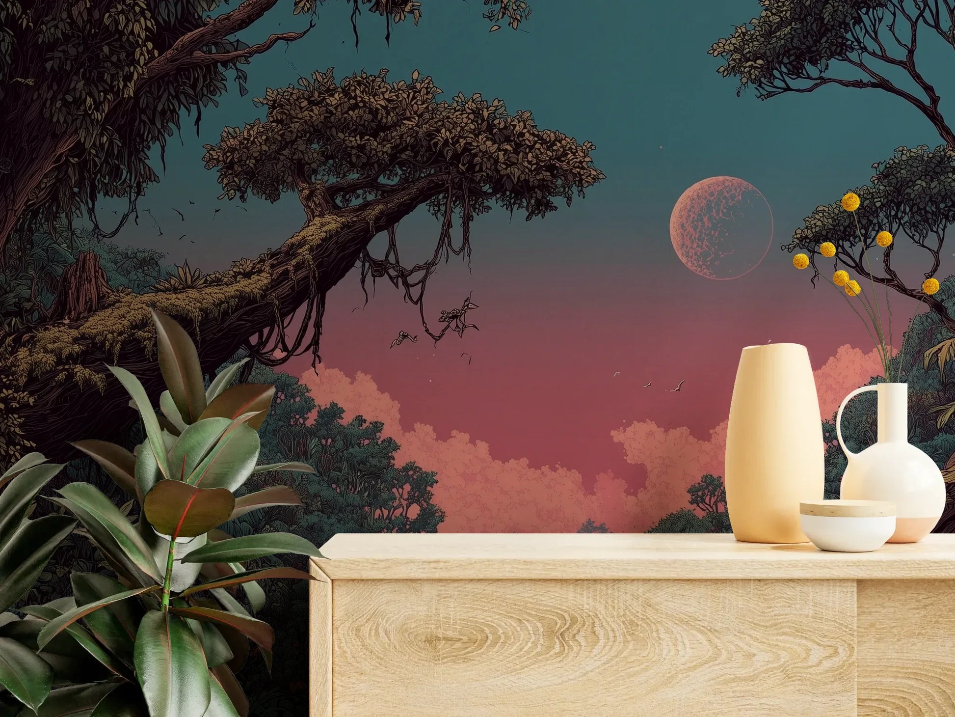 Fototapeta LUNAR DREAMS - tapeta z tajemniczym księżycowym lasem pokazana w aranżacji wnętrza z akcentem na ścianie.