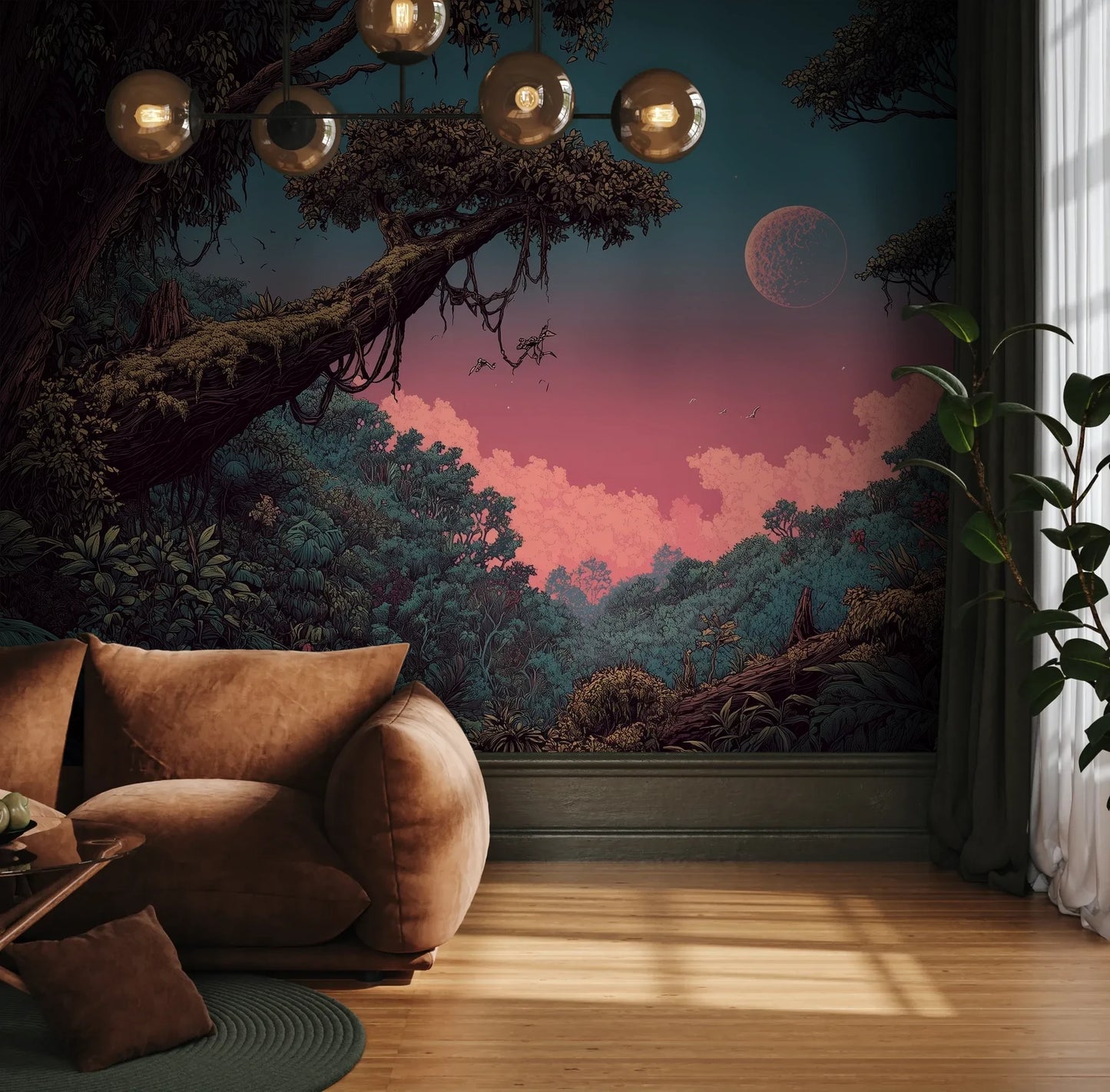 Fototapeta LUNAR DREAMS - tapeta z tajemniczym księżycowym lasem pokazana w aranżacji wnętrza z akcentem na ścianie.