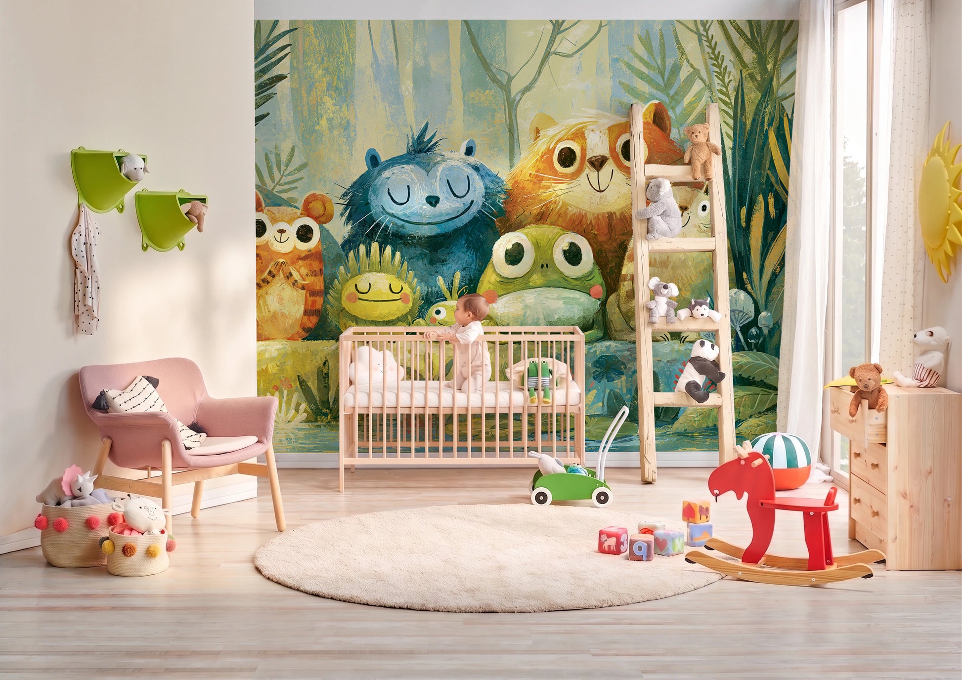 POND PARADE - tapeta z leśnymi zwierzętami nad stawem — BABY'S ROOM WITH A COT AND A BABY