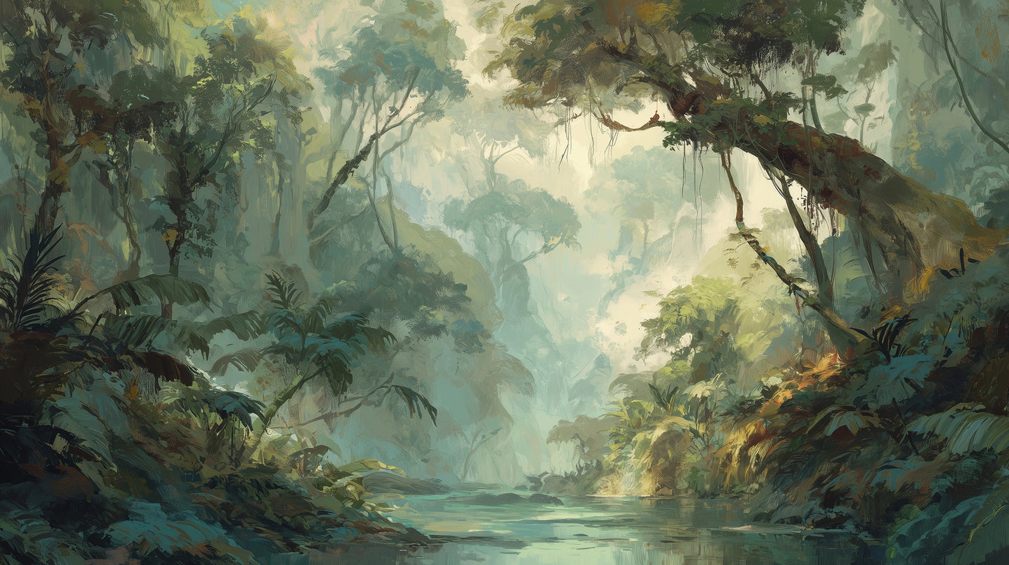 Prezentacja całego wzoru fototapety o nazwie MYSTIC RIVERLANDS - tapeta z mglistym krajobrazem leśnym