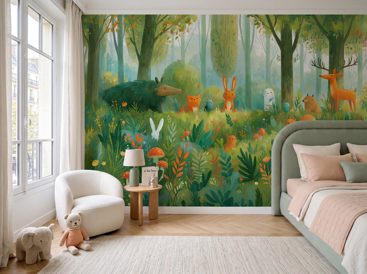 MOSSY GLADE - leśna polana ze zwierzętami w akwareli — children's room with window