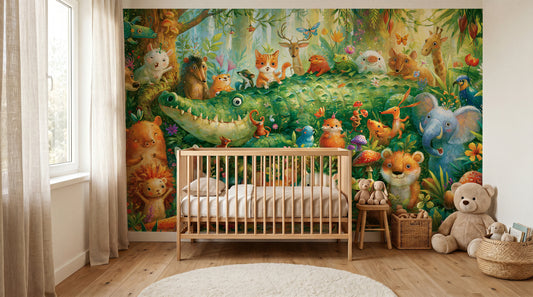 GREEN LAGOON PARADE - malarska tapeta z leśnymi zwierzętami — KIDS room - baby cot