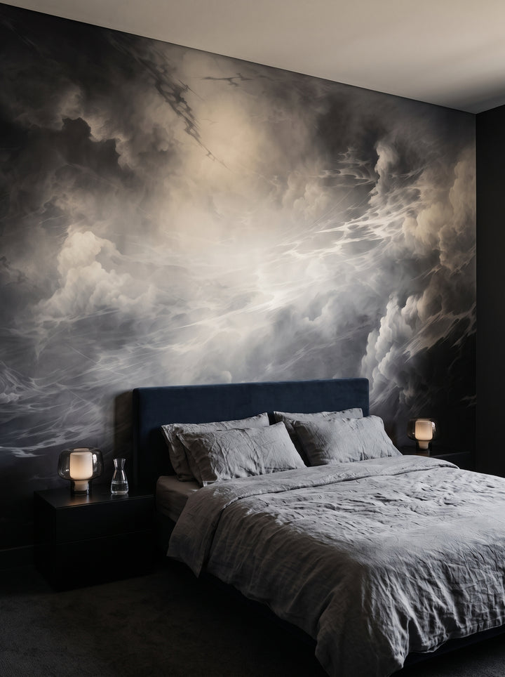Fototapeta artystyczna o nazwie Silver Lining Drama w aranżacji wnętrza: ciemna sypialnia w hotelu designerskim.
