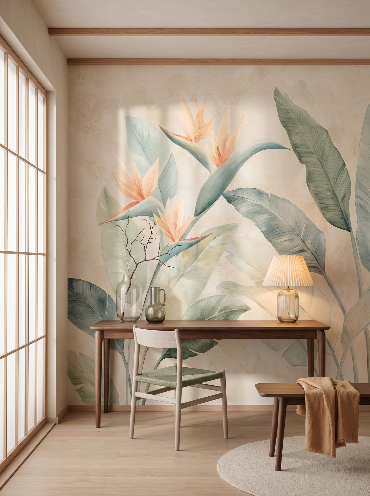 Fototapeta artystyczna o nazwie BIRDS OF PARADISE w aranżacji wnętrza: gabinet w stylu japandi.