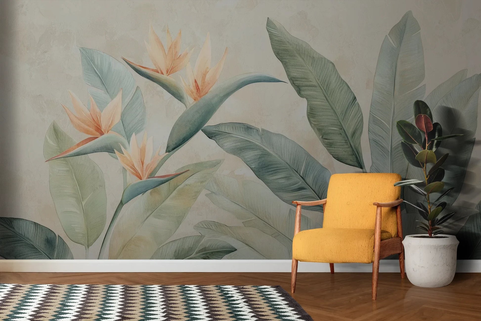 Wzór fototapety BIRDS OF PARADISE - tapeta z roślinnym motywem egzotycznych kwiatów pokazanej w aranżacji salonu.