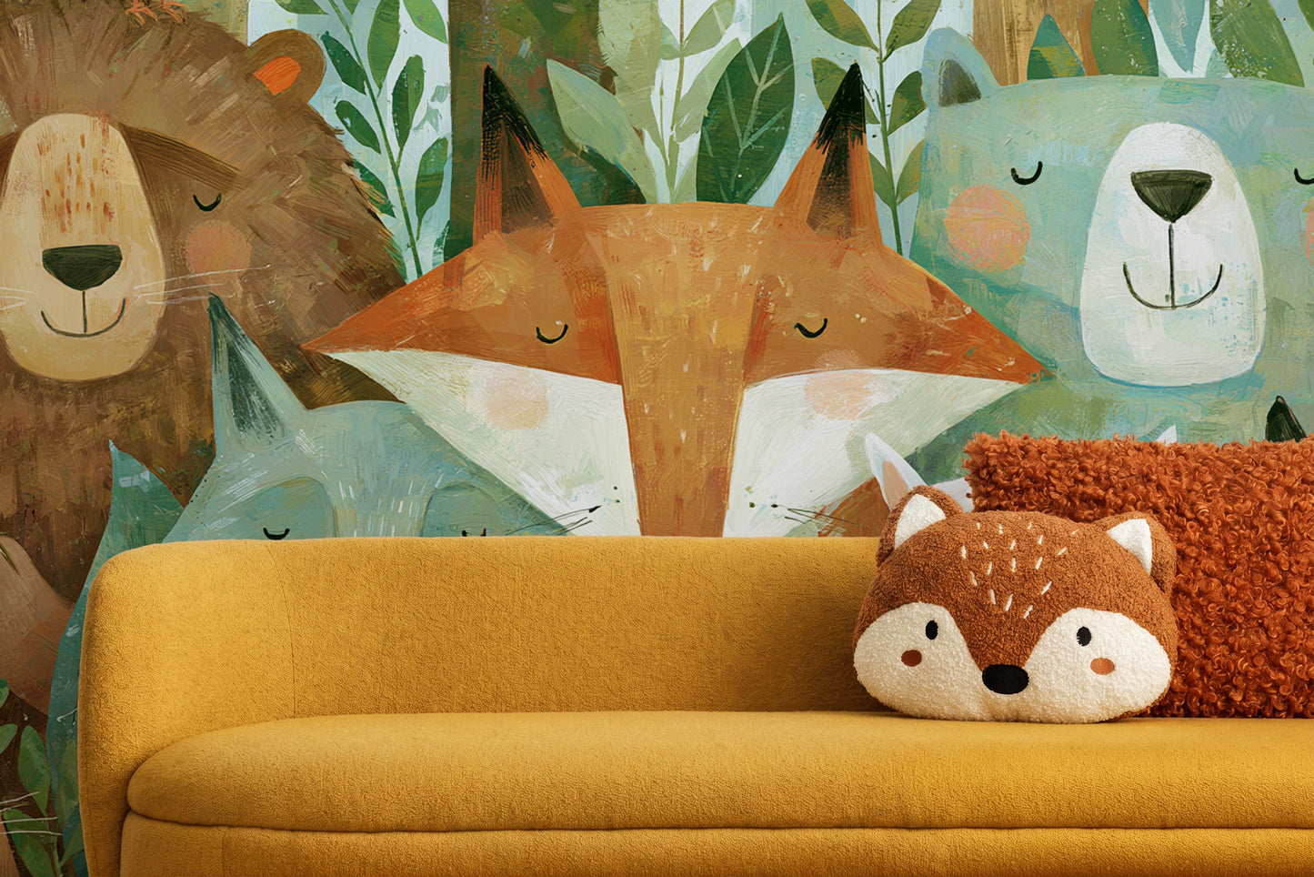SLEEPY THICKET - tapeta z leśnymi zwierzętami dla dzieci — CHILDREN'S ROOM - CLOSE UP ON THE PATTERN