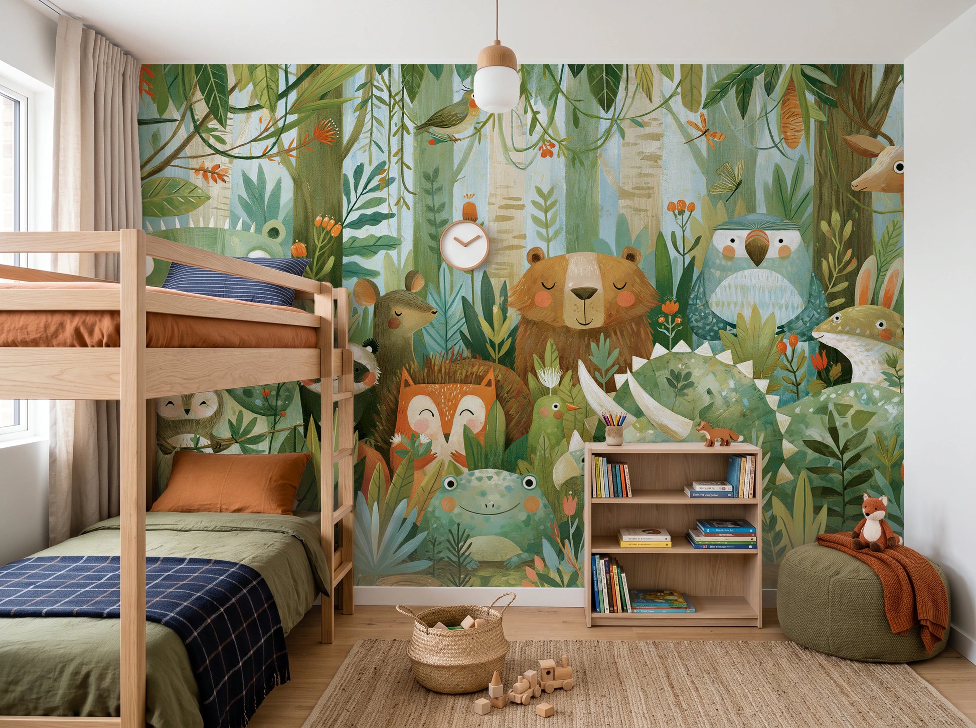 WOODLAND PARADE - tapeta z malowanymi zwierzętami lasu — CHILDREN'S ROOM WITH BUNK BED