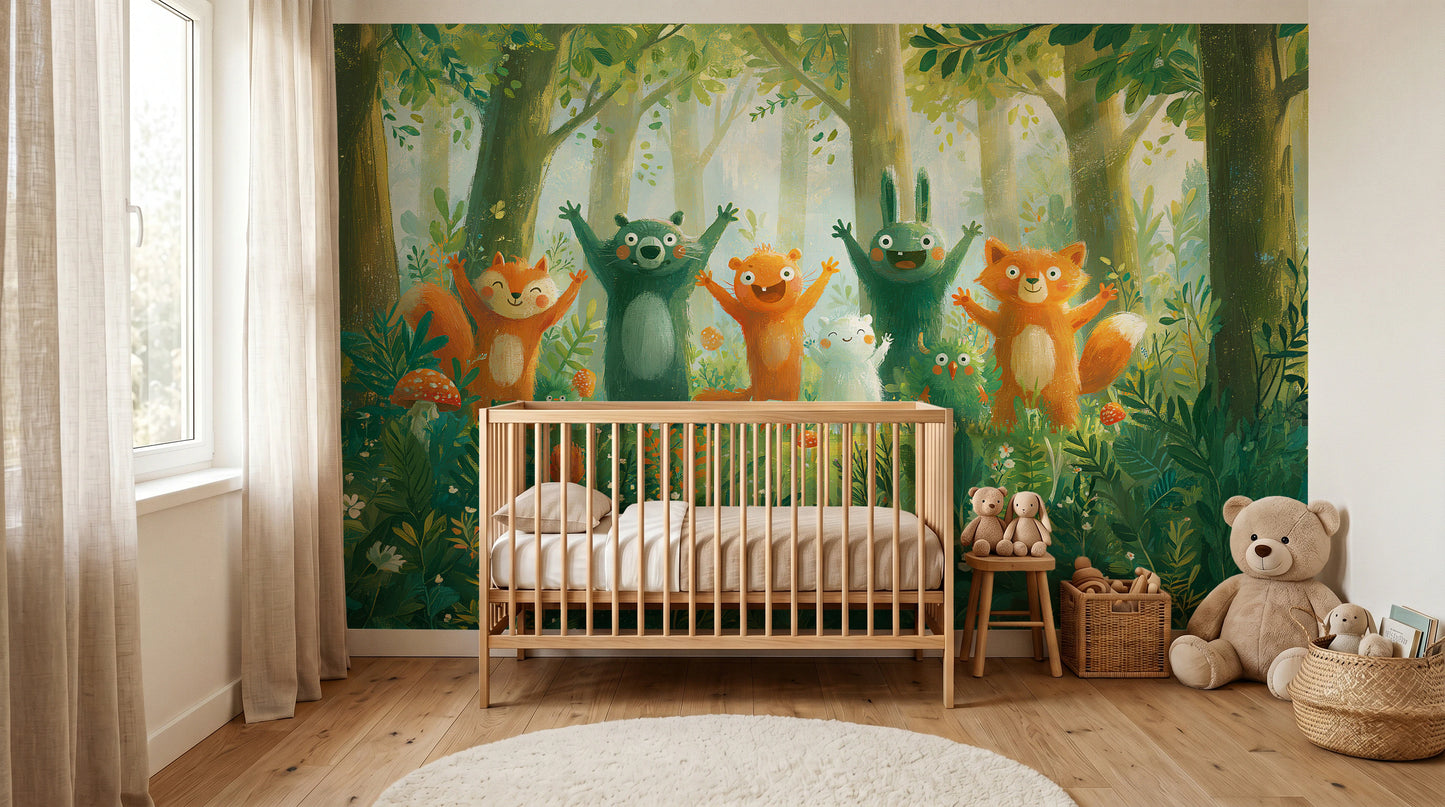 HAPPY CLEARING - tapeta z leśnymi zwierzętami na polanie — KIDS room - baby cot