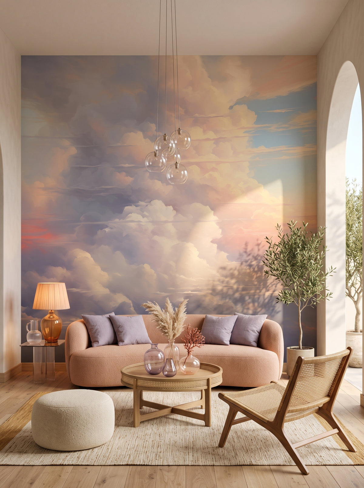 Fototapeta artystyczna o nazwie Twilight's Embrace w aranżacji wnętrza: salon w stylu wyrafinowanego boho z wyjściem na taras.