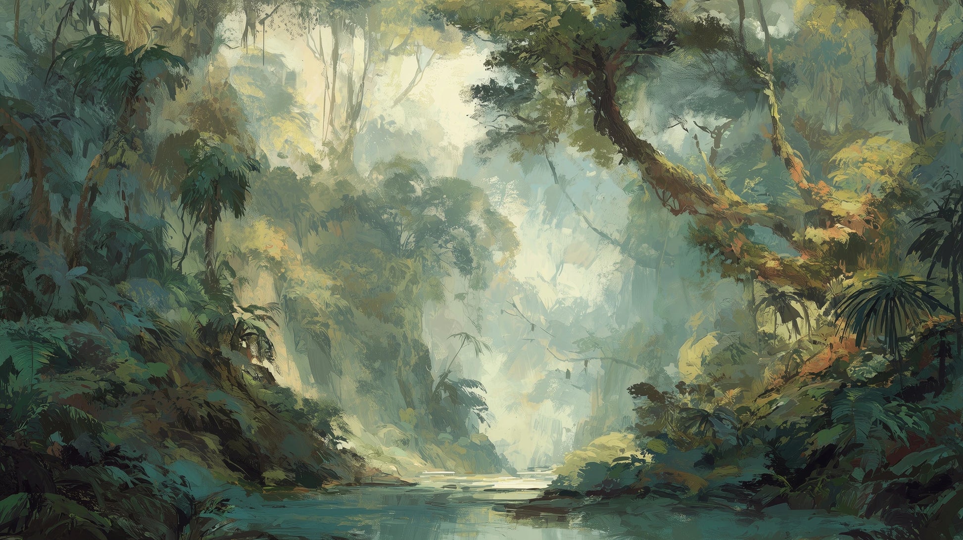 Prezentacja całego wzoru fototapety o nazwie MYSTIC BAYOU - tapeta z mglistą dżunglą o świcie