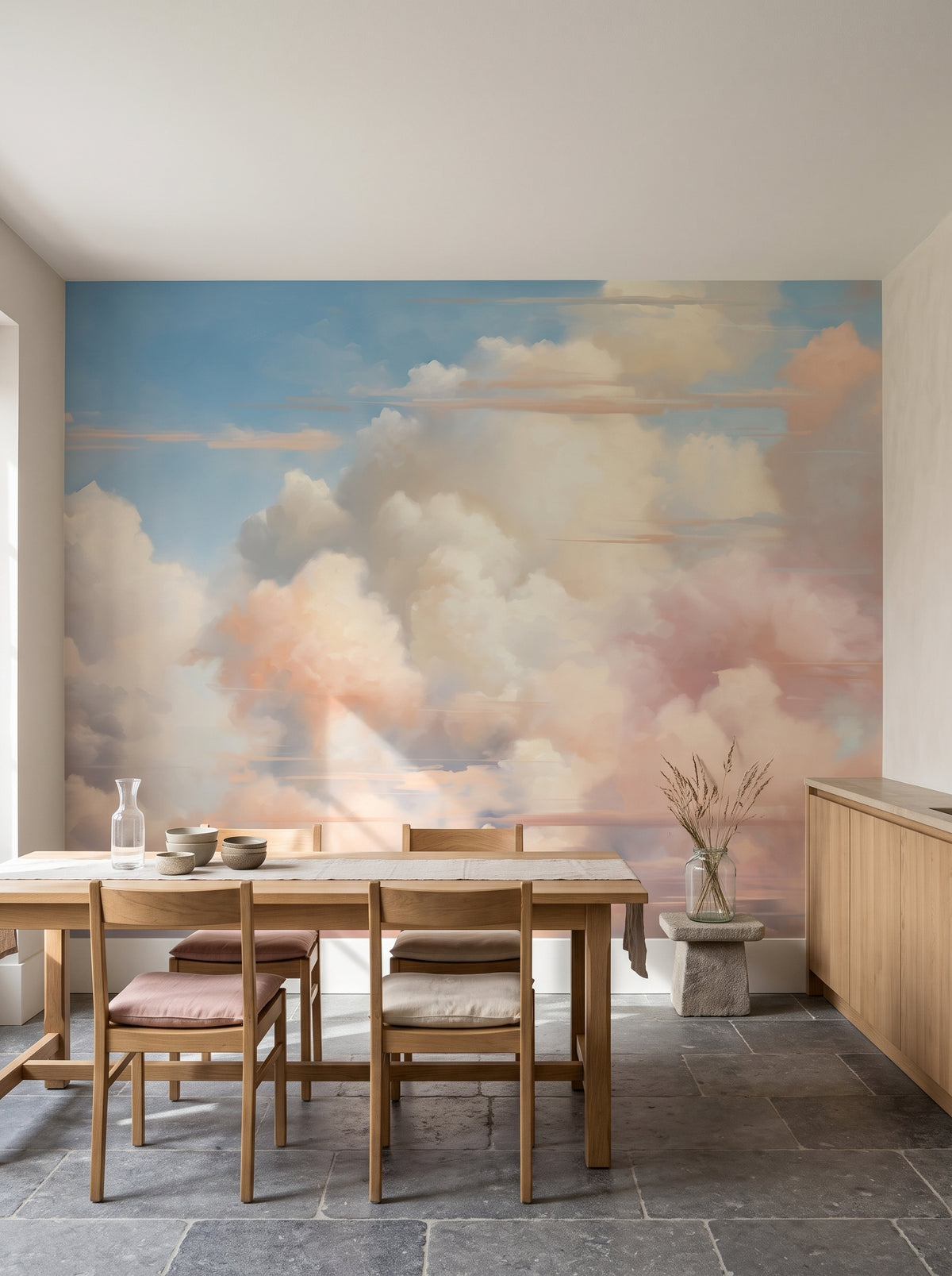 Fototapeta artystyczna o nazwie Pastel Serenity w aranżacji wnętrza: kuchnia z jadalnią w belgijskim domu na wsi.