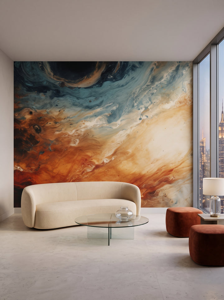 Fototapeta artystyczna o nazwie Jovian Storm w aranżacji wnętrza: salon w penthousie na Manhattanie o zmierzchu.