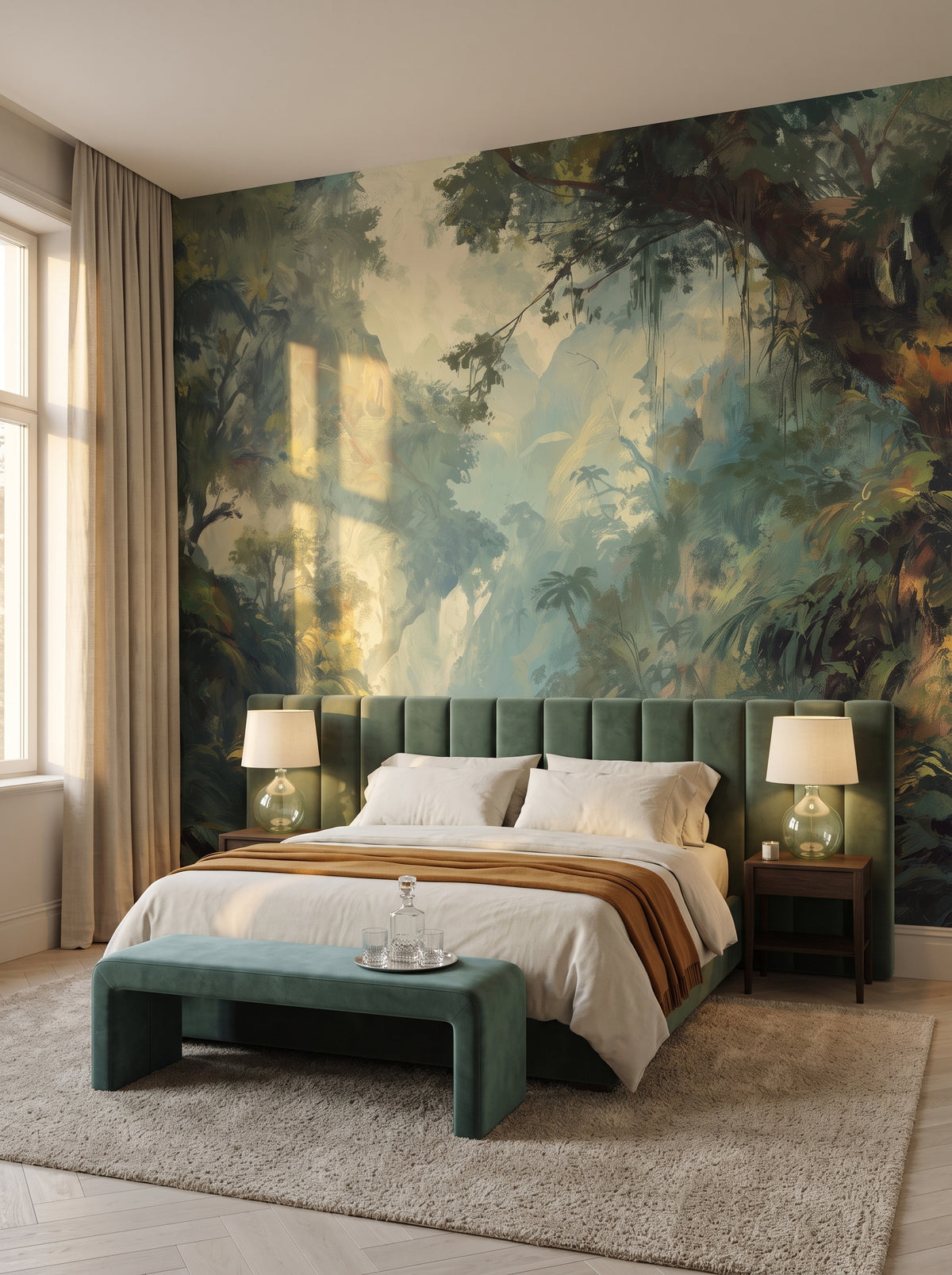 Fototapeta artystyczna o nazwie MYSTICAL RIVERBANK w aranżacji wnętrza: apartament w pięciogwiazdkowym hotelu w stylu quiet luxury.