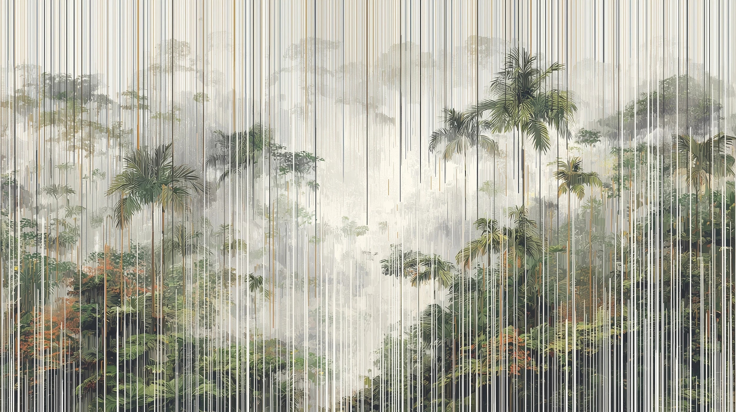 Mustervorschau: Prezentacja całego wzoru fototapety o nazwie RAINFOREST LINES - tapeta z tropikalną mgłą i pionowymi liniami