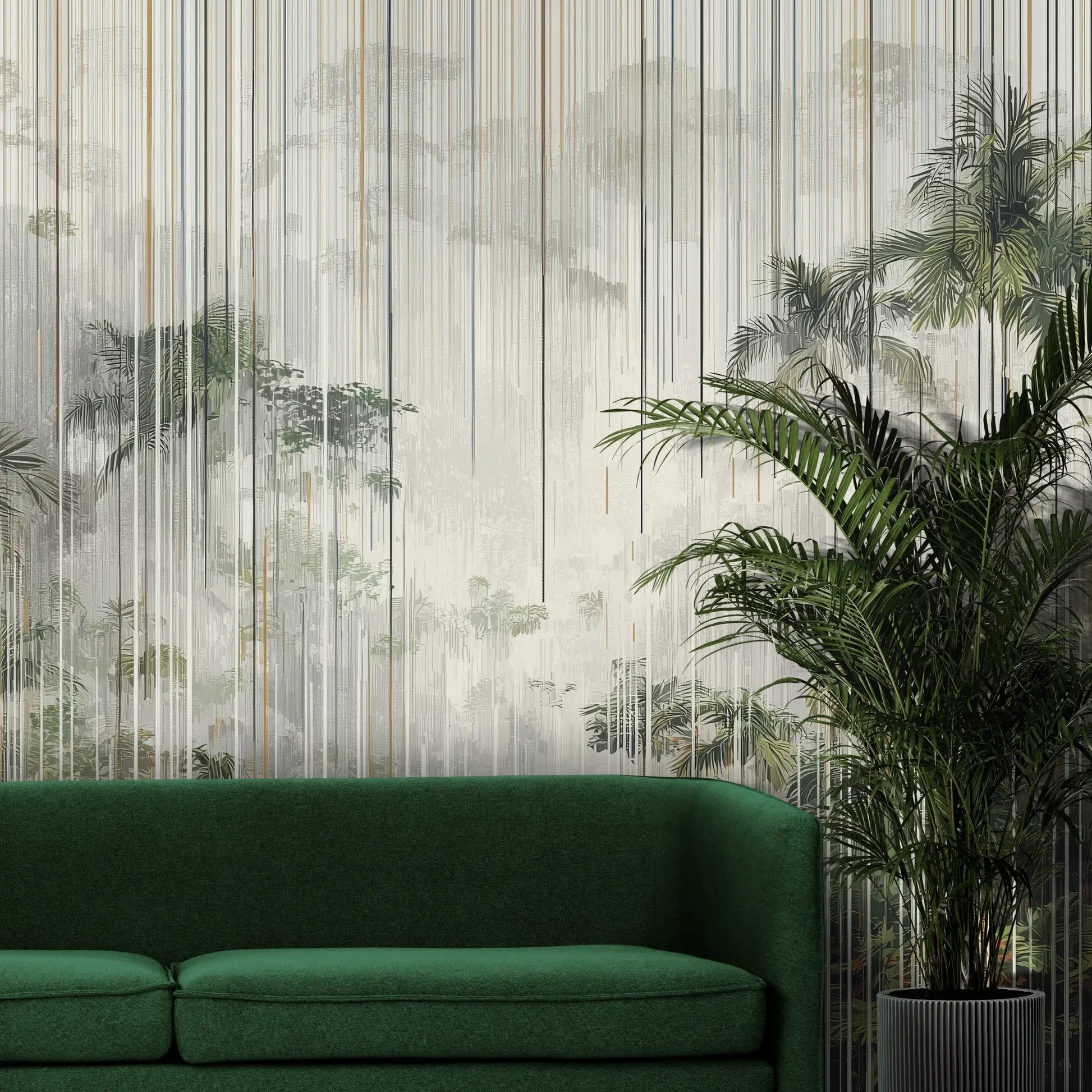 Fototapeta RAINFOREST LINES - tapeta z tropikalną mgłą i pionowymi liniami pokazana w aranżacji wnętrza z akcentem na ścianie.