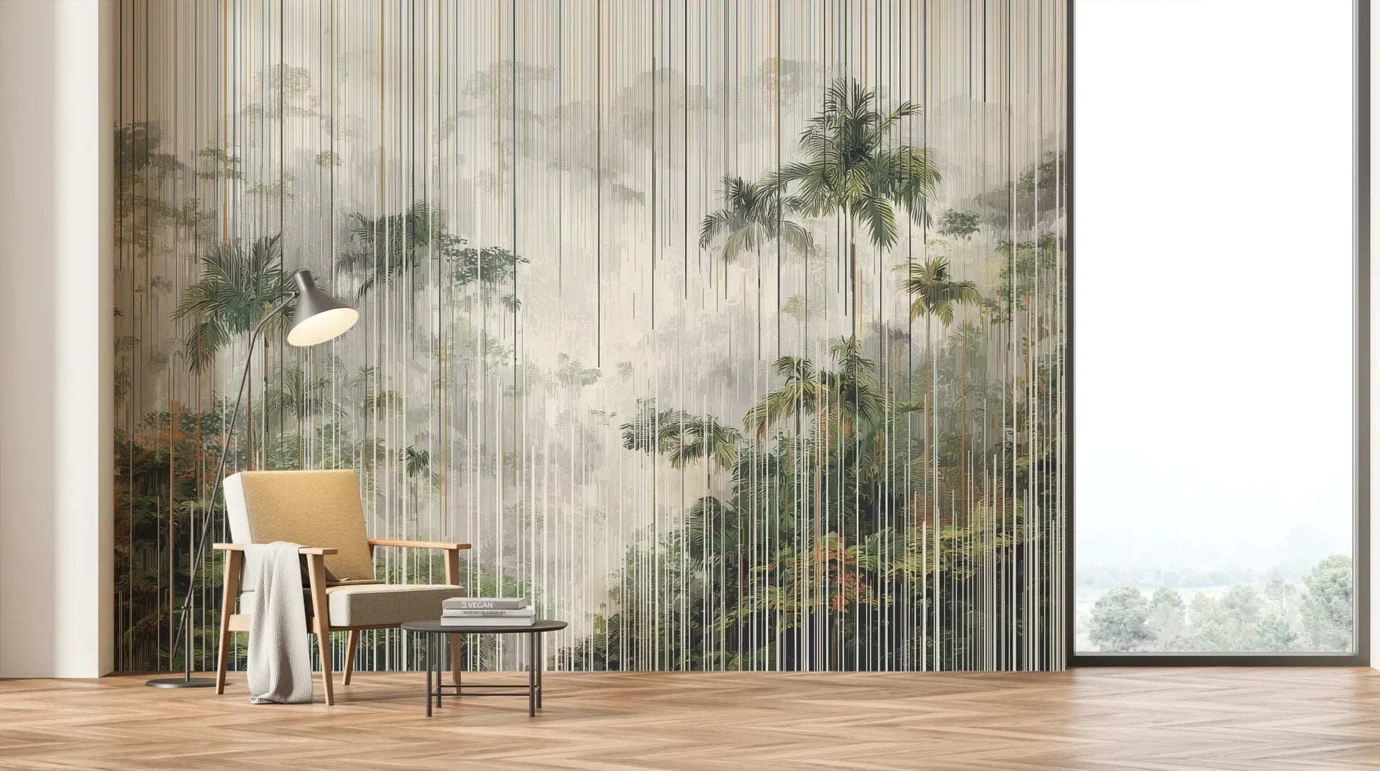 Wzór fototapety RAINFOREST LINES - tapeta z tropikalną mgłą i pionowymi liniami pokazanej w aranżacji salonu.